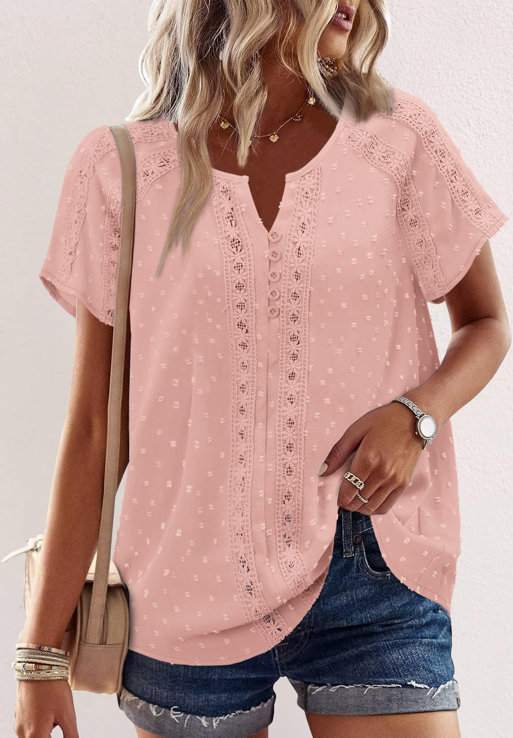 BETTE BOUTIK Women Shirts Summer Short Sleeve Boho Tunic Tops Fashion Casual Dressy Flowy Loose Blouses Lace V Neck Work Basic Shirt Light Pink Medium
