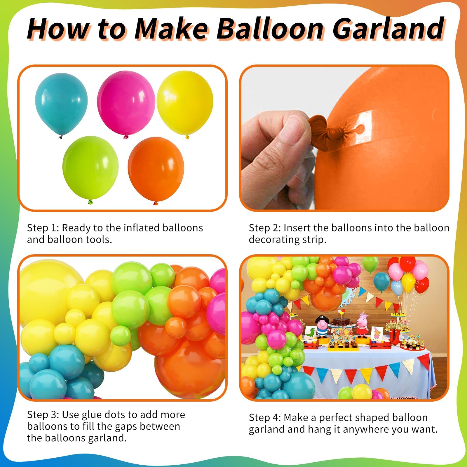 141 Pcs Summer Tropical Balloon Arch Garland Kit, Hot Pink Lime Green Orange Slate Blue Yellow Latex Rainbow Balloon Garland Kit for Hawaiian Luau Aloha Birthday Baby Shower Pool Party Decorations