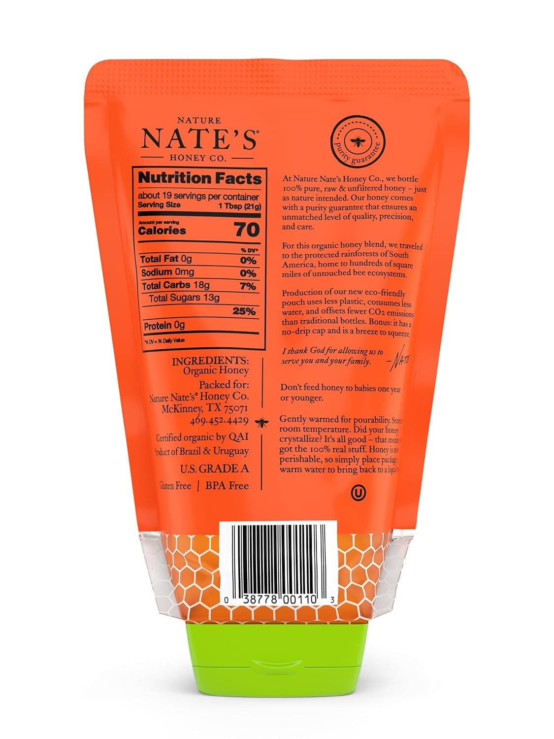 Nature Nate's 100% Pure USDA Organic Raw & Unfiltered Honey, 14 oz. No-Drip Sustainable Squeeze Pouch; Purity Guarantee, No Additives
