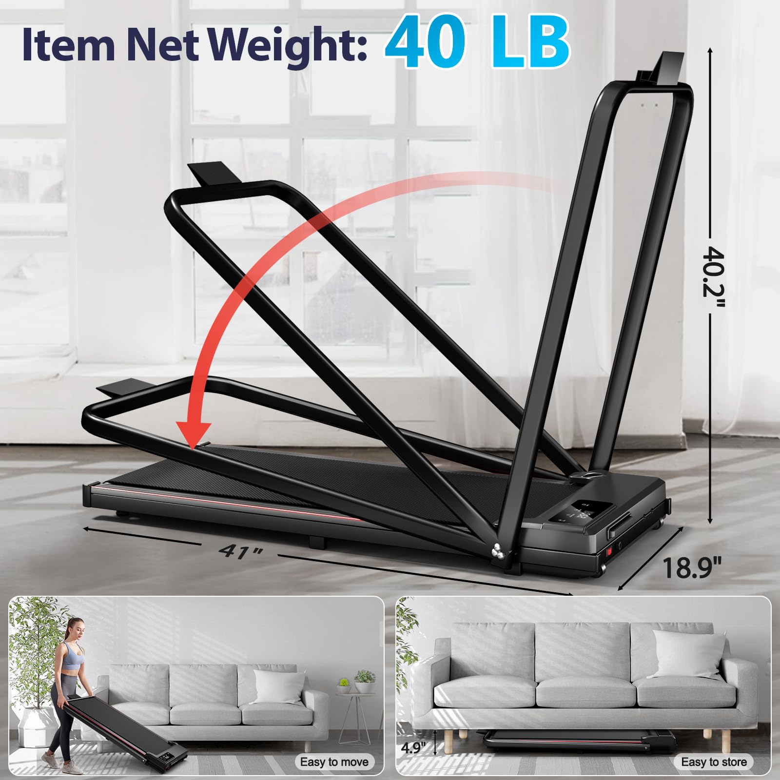 Incline Treadmill for Home, 300+ lb Capacity, Quiet Foldable Treadmills with Handle Bar, Compact Running Machine Walking Pad with APP