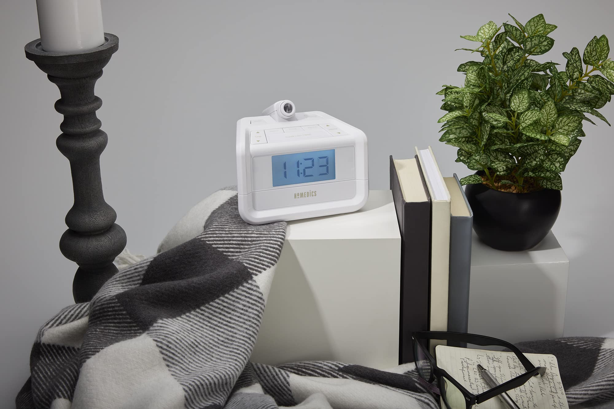 Homedics Dual Alarm Digital FM Clock Radio Time Projection, 8 Relaxing Nature Sounds, LED Display, Multi-Alarm Snooze, Sleep Timer, Nightlight, Ceiling Clock SoundSpa, White