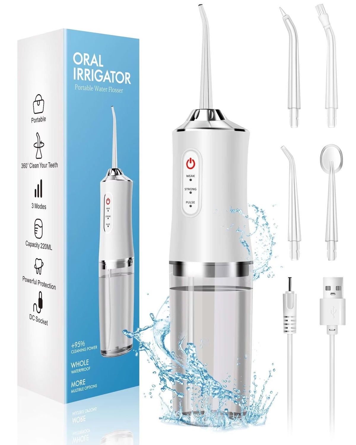 LAMEIZ Water Dental Flosser Teeth Picks - 4 Jets 3 Modes Portable Cordless Water Flosser for Teeth Cleaner, IPX7 Waterproof Oral Irrigator Rechargeable for Travel Home,Gums, Braces Care White