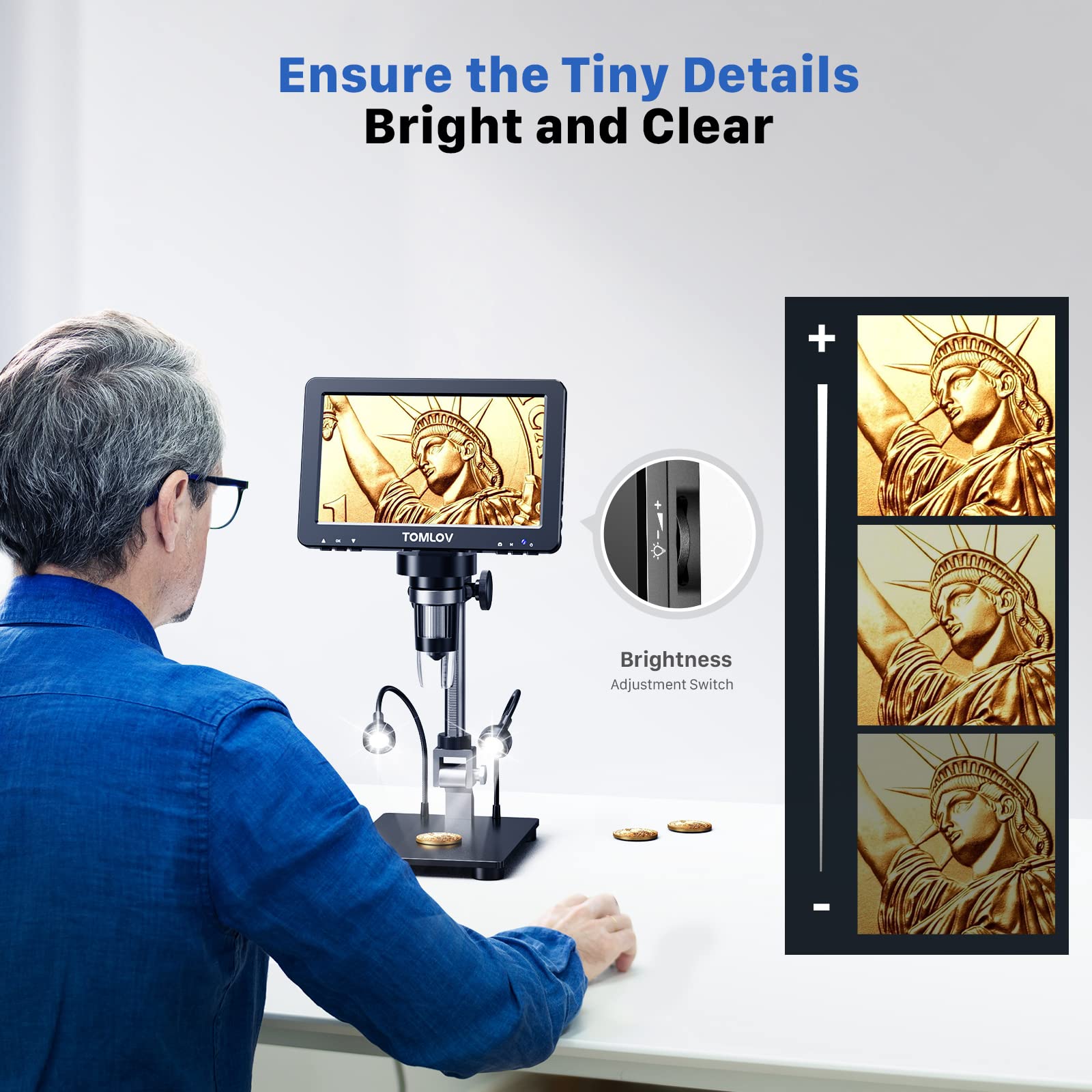 TOMLOV DM9 Pro 7" HDMI Digital Microscope 1200X with IPS Screen, 1080P 16MP Coin Microscope Magnifier for Entire Coin View, LCD Soldering Microscope for Adult, 10 LED Lights, PC/TV Compatible, 32GB