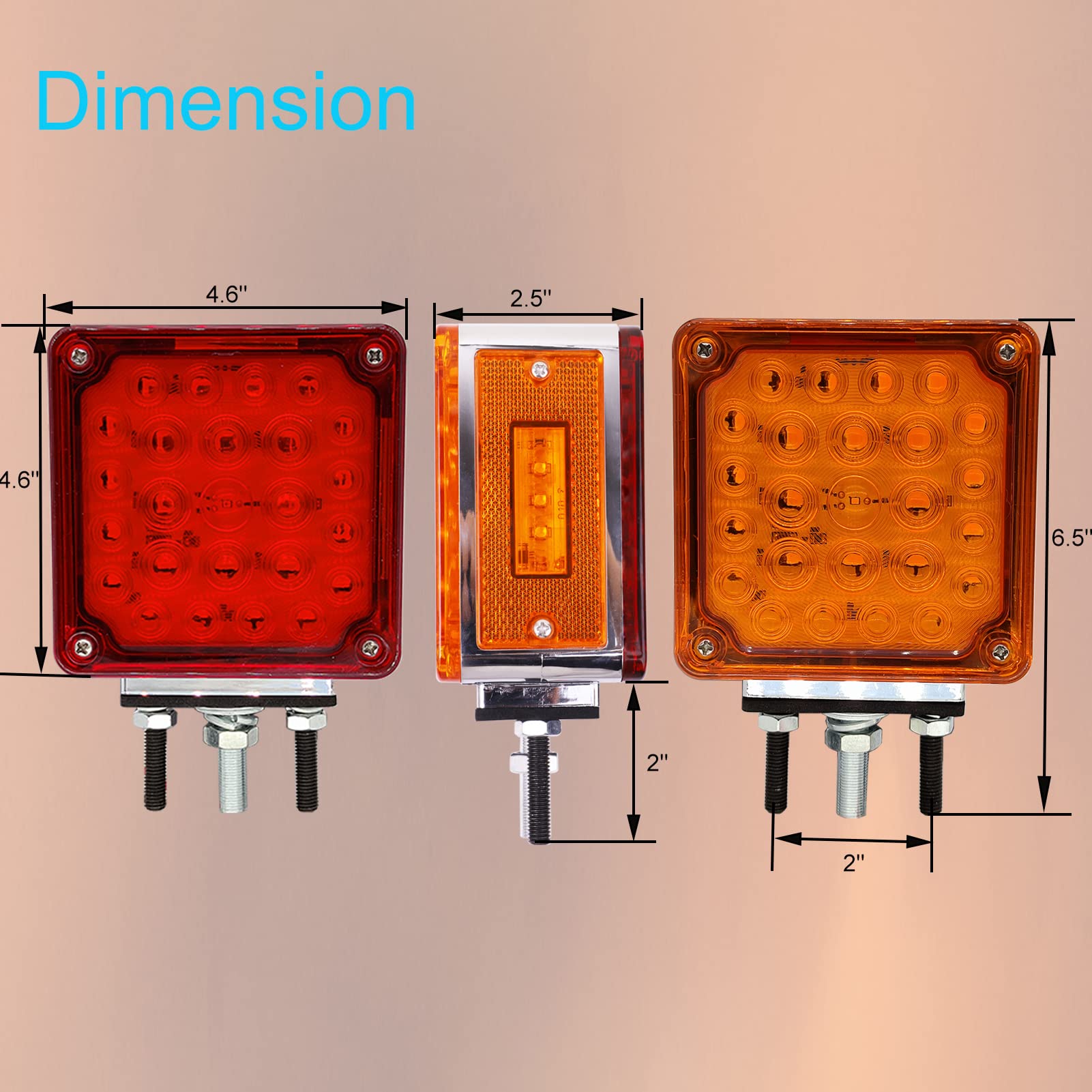 2 PCS Amber/Red Double-Face Pedestal Fender Light with Stud Mount, Square 52 LED Stop Turn Tail Signal Trailer Light for Semi Trucks Peterbilt Kenworth Freightliner Towing Dual-Face Orange Waterproof
