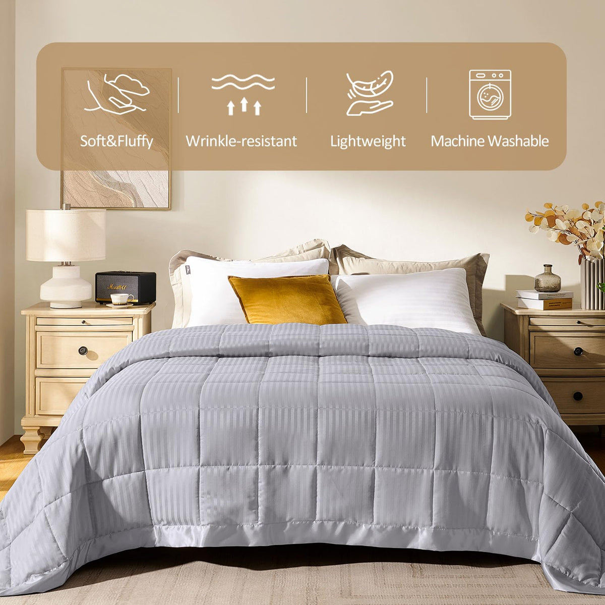 downluxe Queen Size Blanket with Satin Trim, Lightweight Down Alternative Blankets Queen Size for All Season, Machine Washable (Silver, 90x90 Inch)