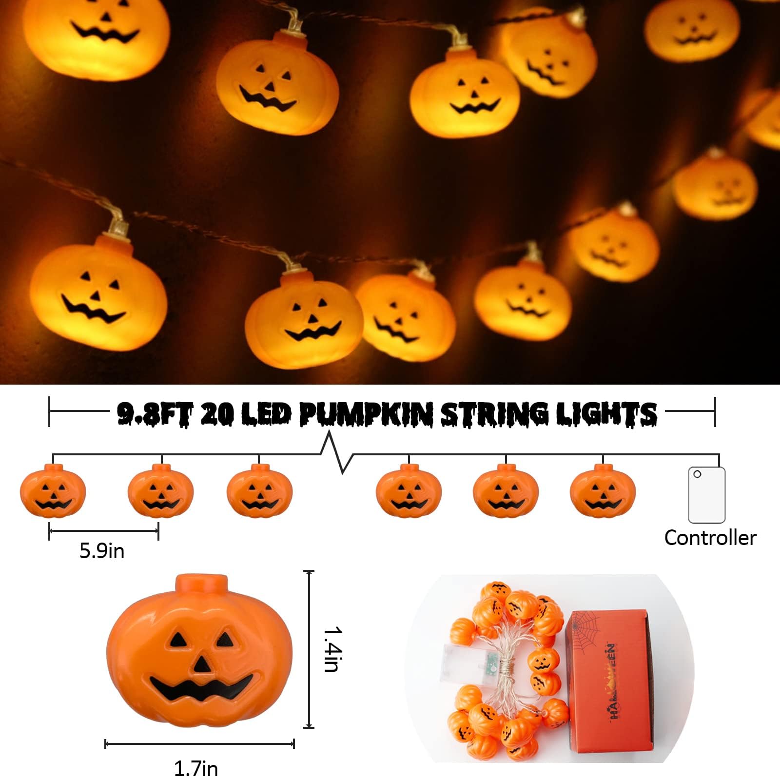 Runleo Halloween Pumpkin String Lights - 20 LED 9.8 FT 3D Cute Waterproof Orange Jack-O-Lantern Battery Operated Lights, 2 Modes Steady/Flickering Lights for Indoor Outdoor Decor Party Decorations