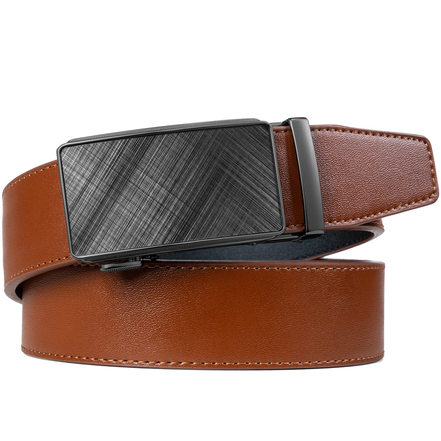 Founders & C Men's Ratchet Belt 1 3/8",Leather Dress Belt Adjustable with Click Sliding Buckle Trim to Exact Fit (28"-42" Waist Adjustable, Genuine Leather Tan Belt)