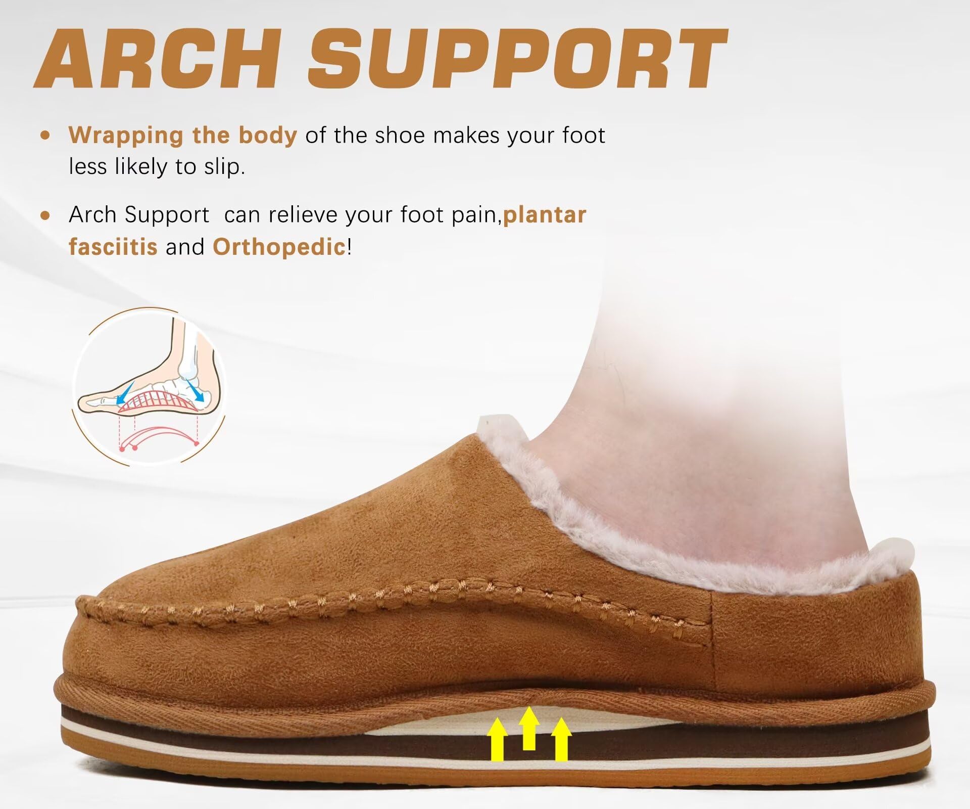 KuaiLu Mens Slippers with Orthotic Arch Support Suede Faux Fur Fluff Plush Wool-like Warm House Shoes Comfortable Slip-on Bedroom Indoor Outdoor Clogs Slippers for Man, Size Khaki 13