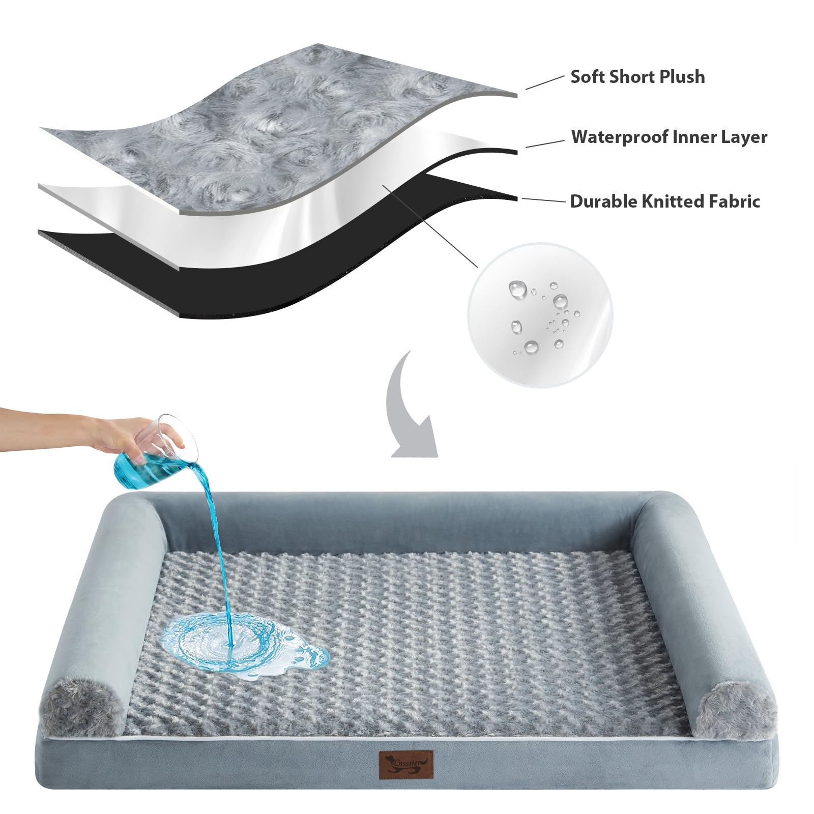 LNSSFFER Washable Dog Beds for Large Dogs, Orthopedic Dog Sofa Bed with Removable Cover & Waterproof Lining, Washable Pet Couch Bed with Sides, Memory Foam Dog Bed for Large Dog & Cat Sleeping, Grey