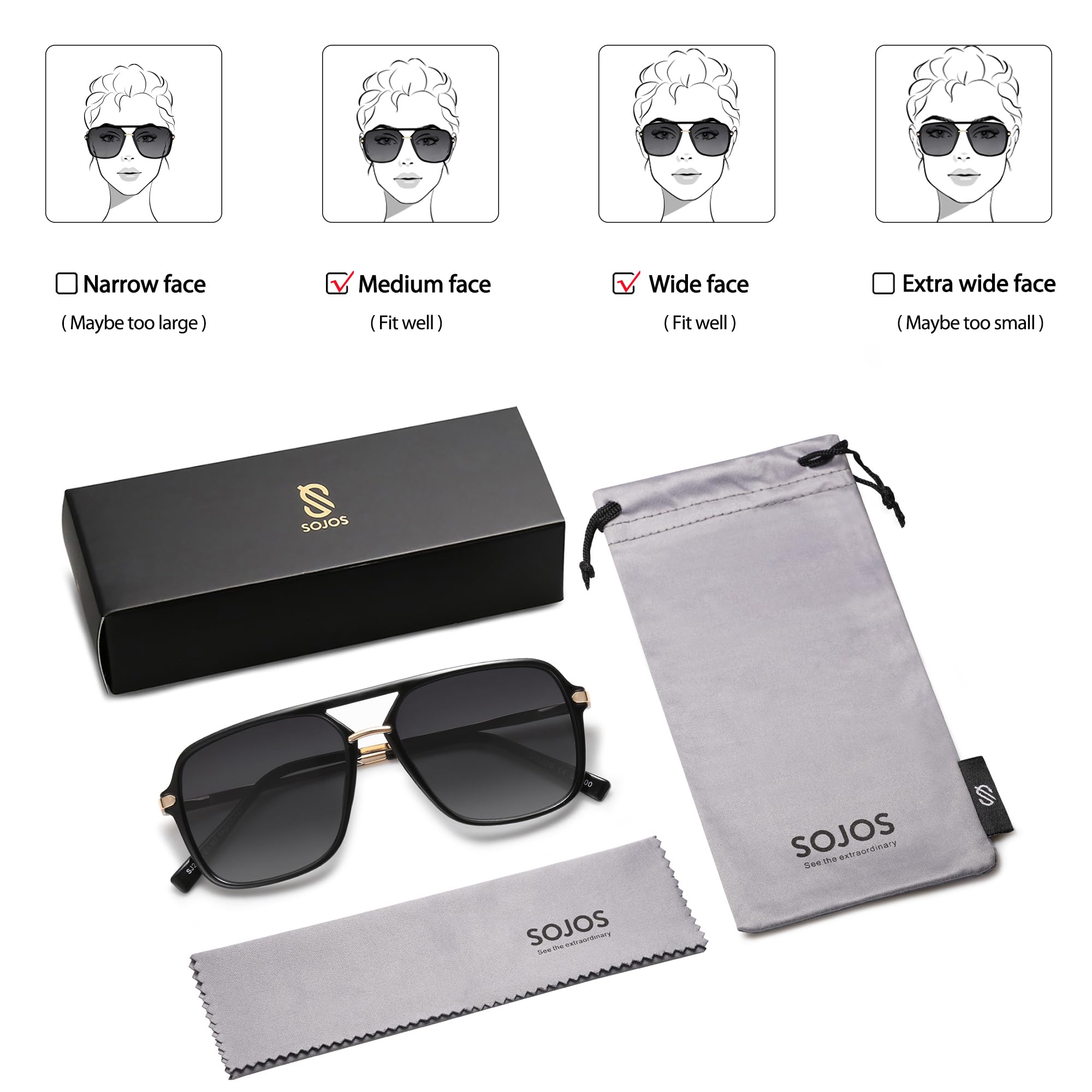 SOJOS Sunglasses for Women & Men, Square, Retro, Polarized Lens, Trendy Aviator, 90s Shades (SJ2229, Black Grey)