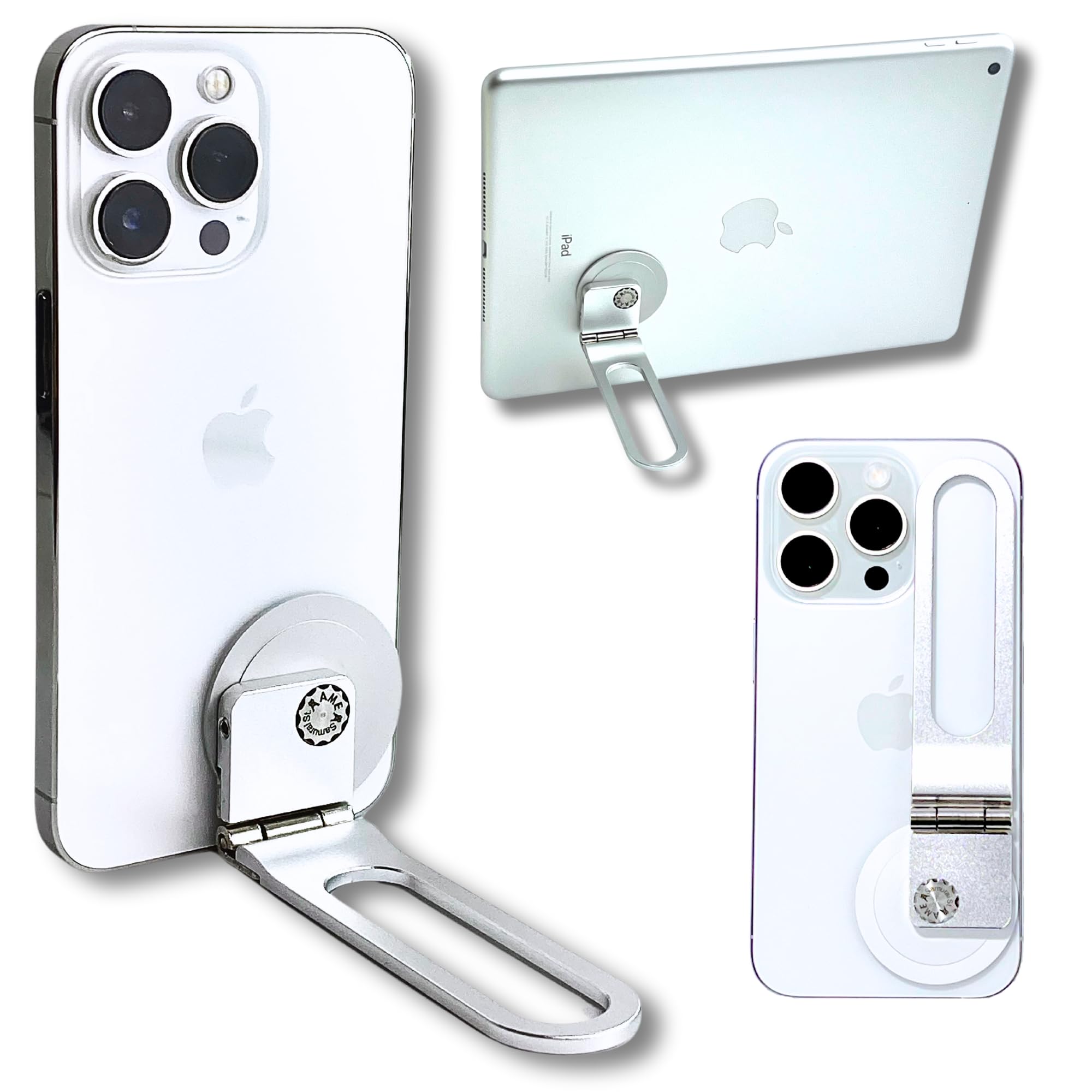 Pep Bar Cell Phone Stand Compatible with MagSafe® Charger 360° Rotation 180°flip Metal Foldable Compact Selfie Stick Grip Ring iPhone Android iPad Tablet (Matte White Sliver) Made in Japan