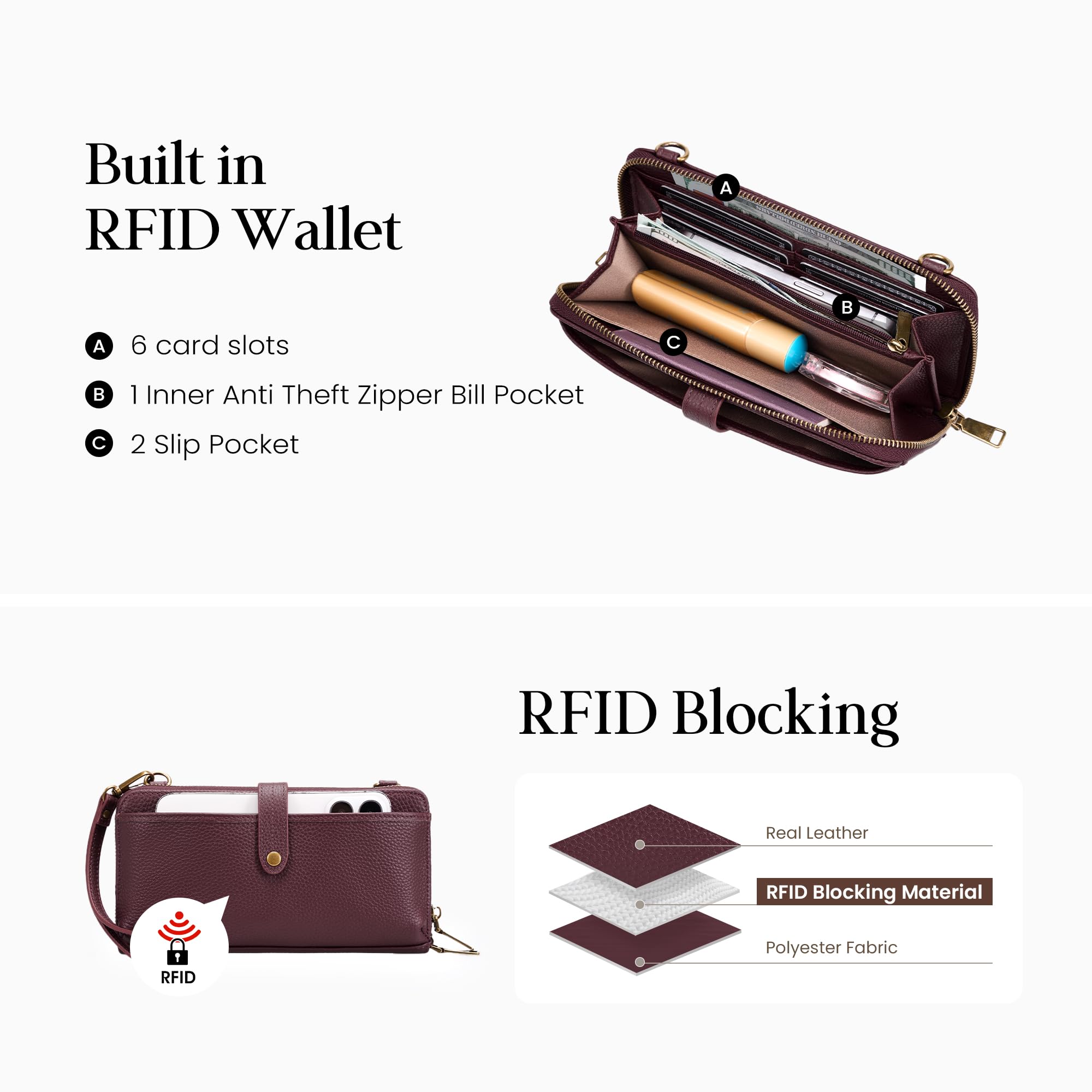 befen Genuine Leather Clutch Purse for Women Burgundy Purse with Built in Wallet RFID Wristlet Wallets Cell Phone Crossbody Travel Soft Real Leather Crossbody Bags Small Wristlet Clutch with 2 Straps