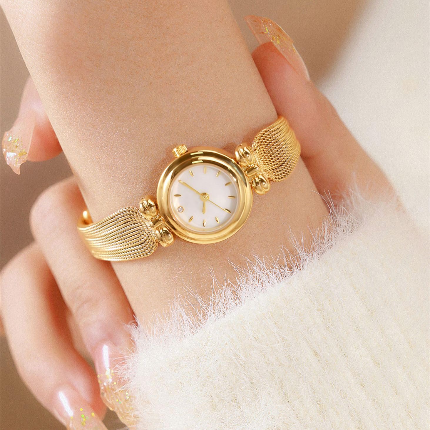 Fashion Simple Women's Quartz Watch Stainless Steel Mesh Strap Business Wrist Watch (Gold White)