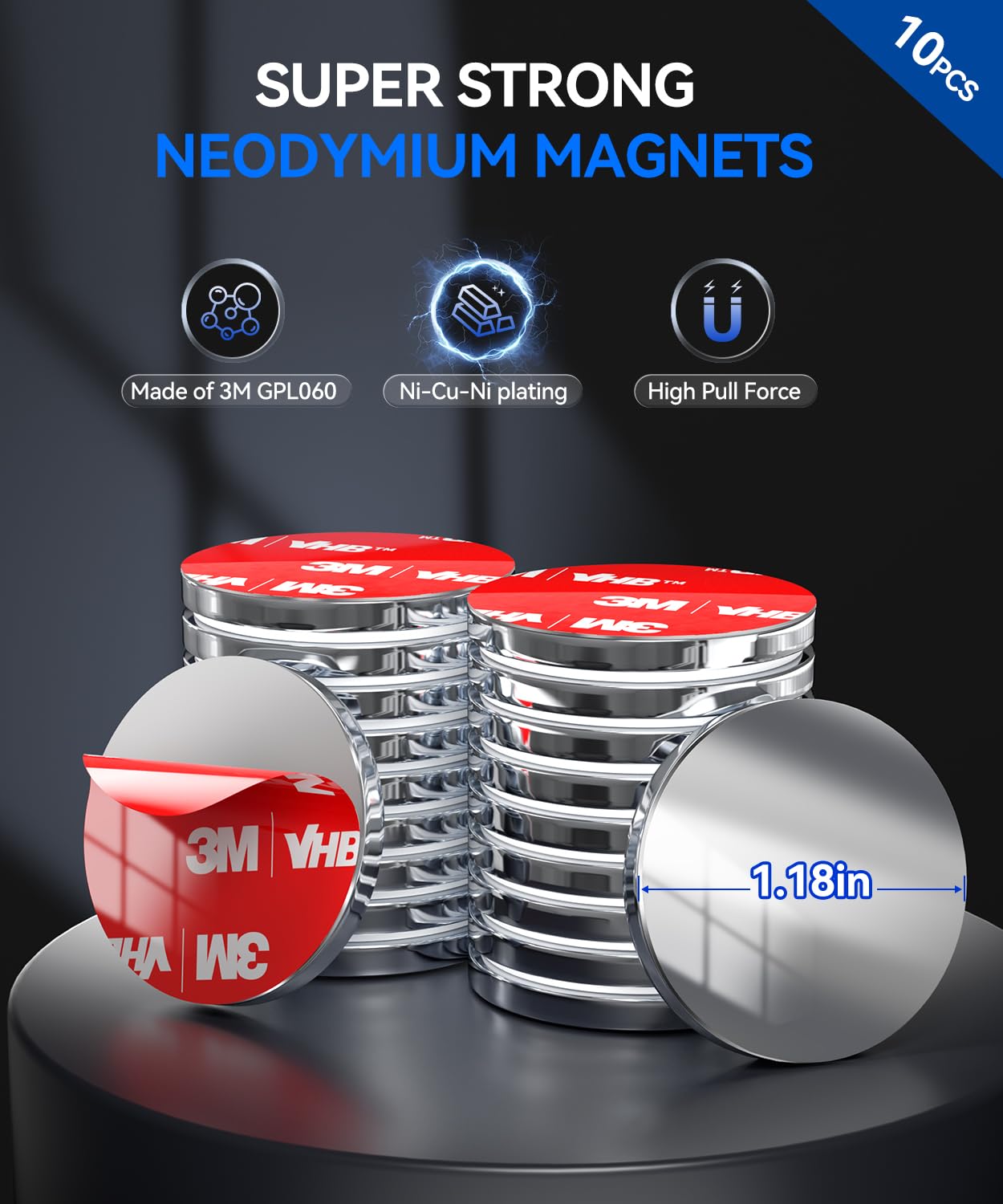 PHIXBEAR Ultrathin 1.18" Strong Neodymium Disc Magnets with Double-Sided Tape Made of 3M, 10 Pack Rare Earth Magnets for Refrigerator, DIY, Crafts, Kitchen & Office