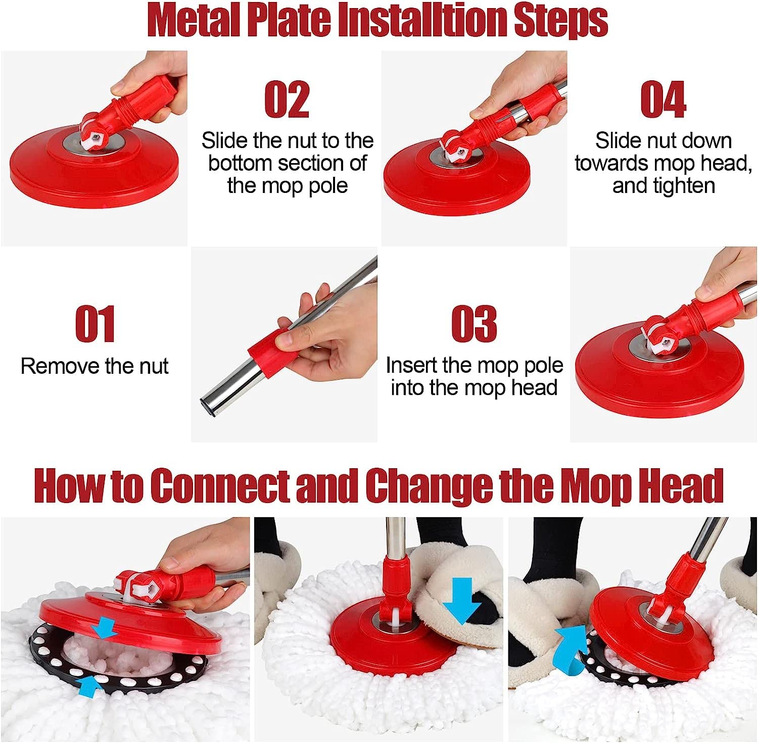 PULNDA Spin Mop and Bucket with Wringer Set,Mop and Bucket Set for Floor Cleaning with 3 Mop Refills 61 inches Telescoping Mop Rod for Office and Home use,Red,(360 Mop bucket)