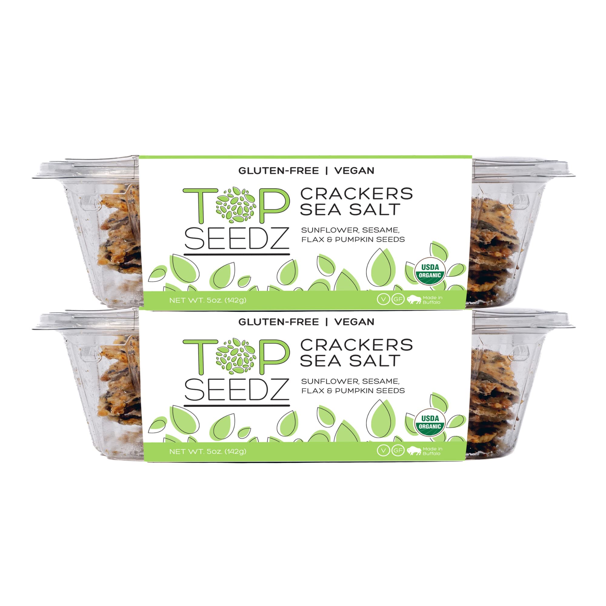 Top Seedz Certified Organic Gluten Free Sea Salt Seed Crackers | 2-Pack | 5 Ounces | Healthy Vegan Crackers with Plant Based Protein | Made of Sunflower, Flax, Sesame and Pumpkin Seed