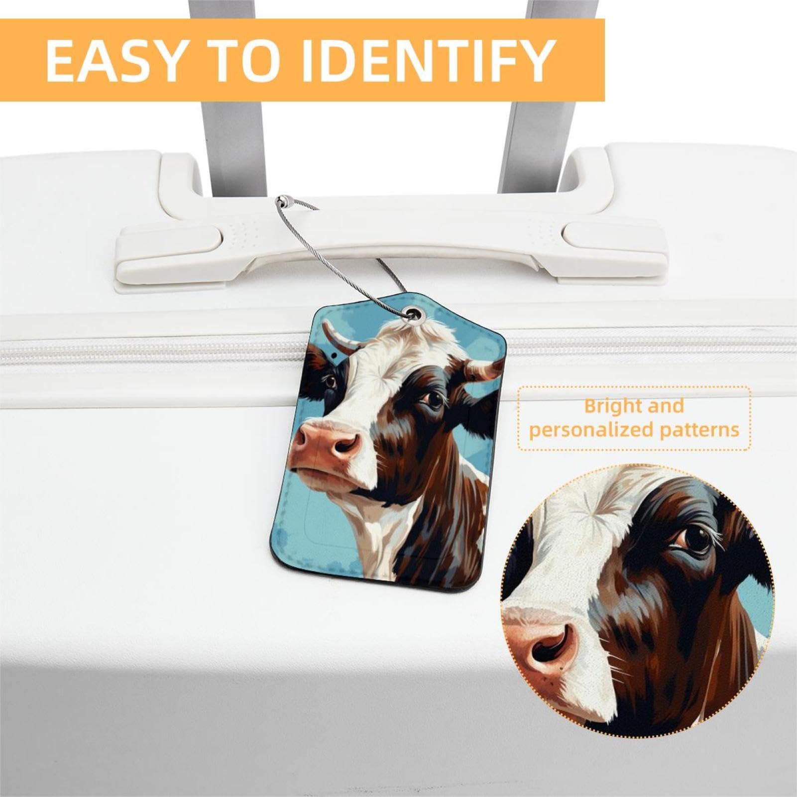 Beautiful CowBright and Personalized Luggage Tags, Set of 2 Metal Loop Lock Baggage Tags with Privacy Flap Cover
