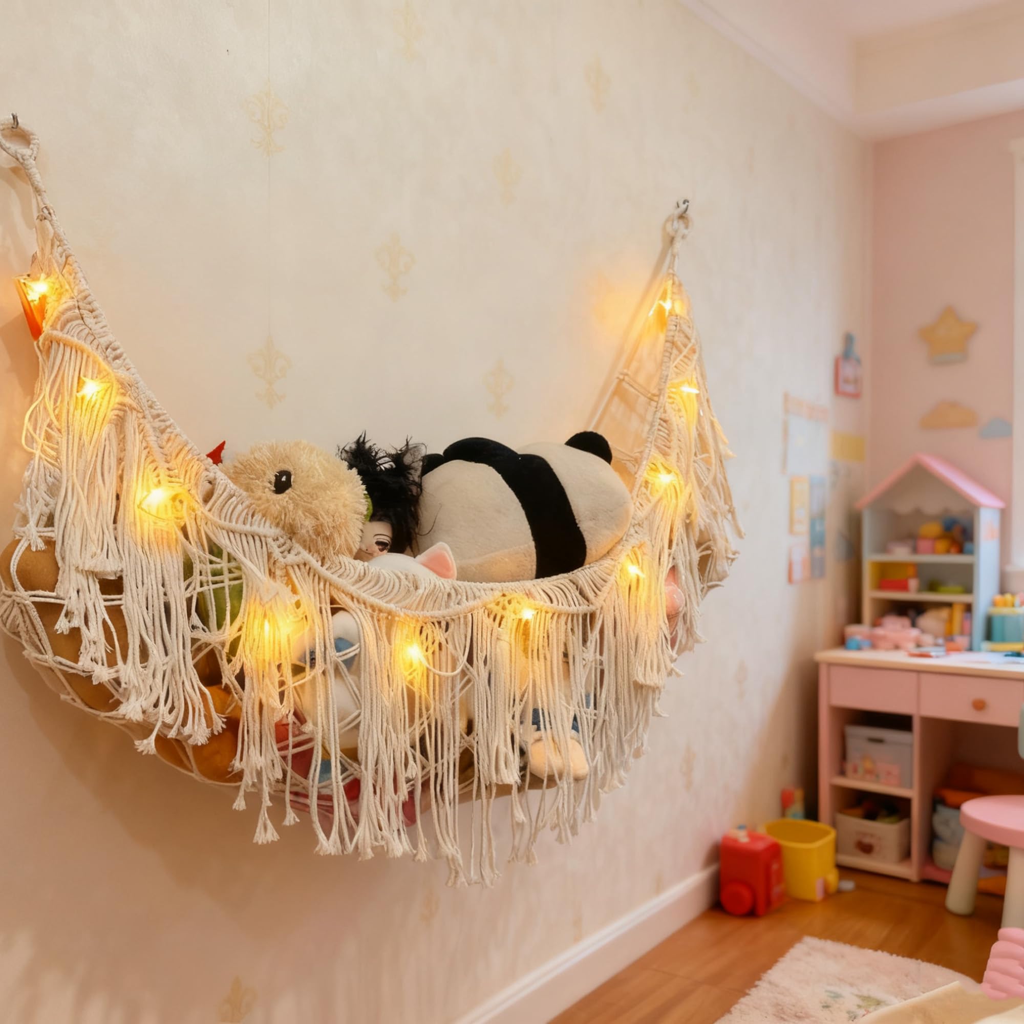 Stuffed Animal Hammock or Net With LED Lights Extra Large Wall Hanging Stuffed Animal Storage Nets for Teddy Bear Handmade Macrame Hanging Toy Net Hammock for Stuffed Animal Storage (Beige)