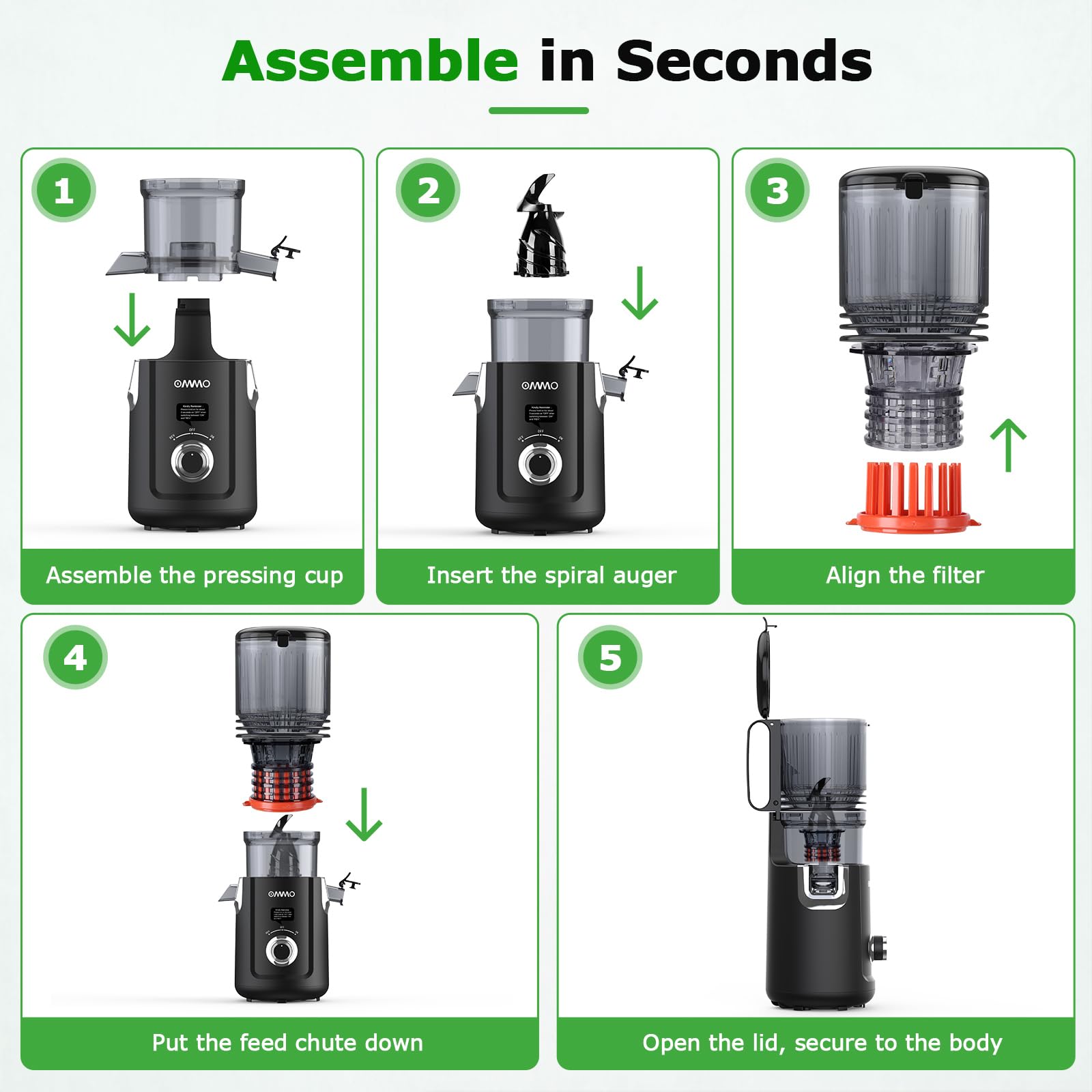 OMMO Cold Press Juicer Machines : 5.1" Wide Feed Chute Slow Masticating Juicer for Whole Fruits & Vegetables, Easy to Clean, High Juice Yield, BPA Free, Black