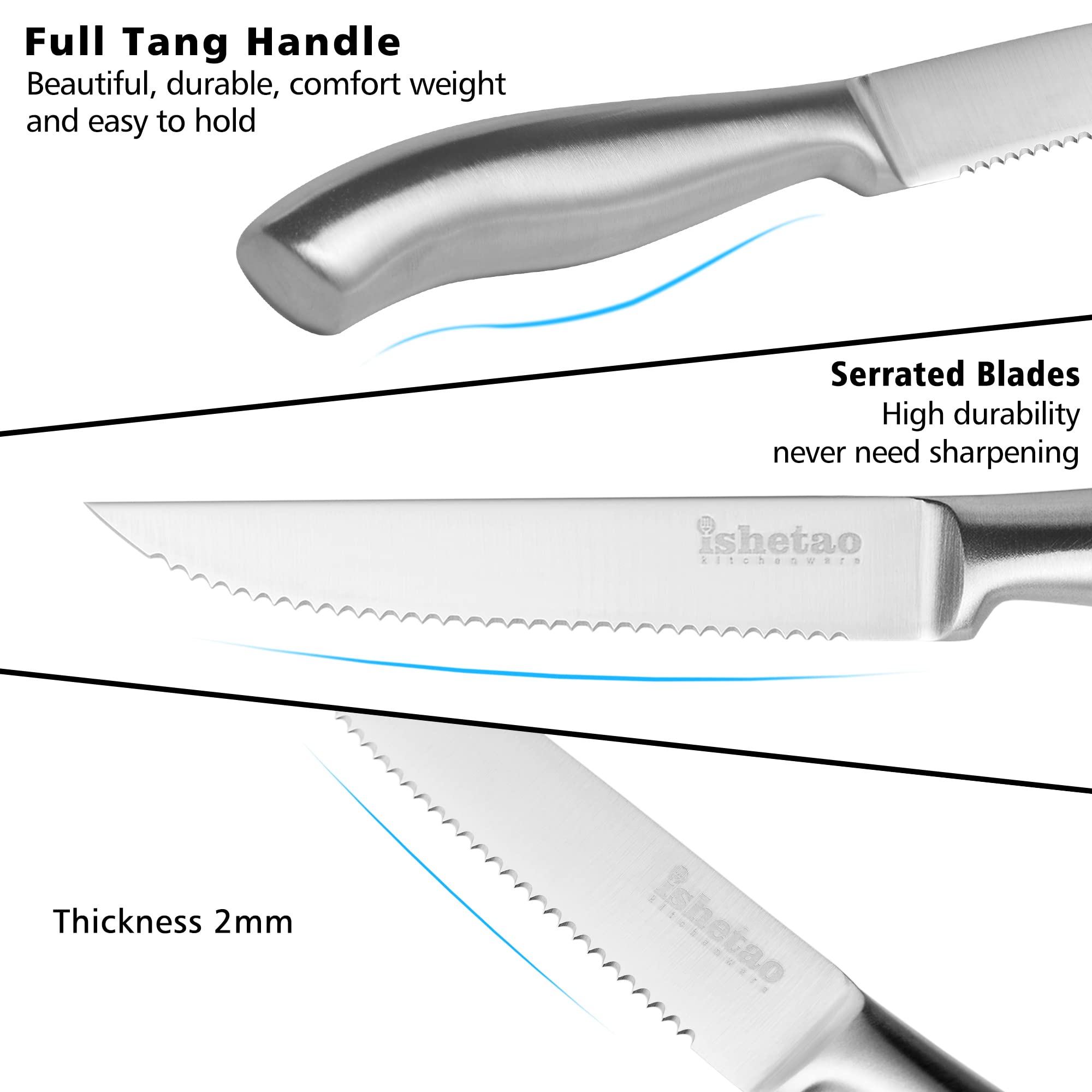 isheTao Steak Knife Set of 6, 4.5 inches Dishwasher Safe High Carbon Stainless Steel Knives, Silver