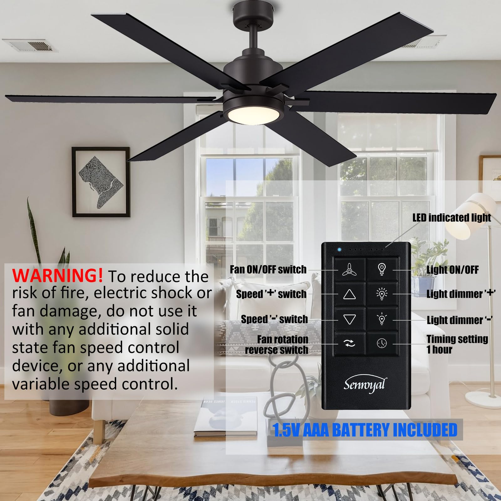 60 Inch Ceiling Fans with Light and Remote, Farmhouse Ceiling Fan with Light, Large Industrial Ceiling Fan for Living Room, Dining Room, Bedroom, Reversible DC Motor, 6 Speed, Black Bronze