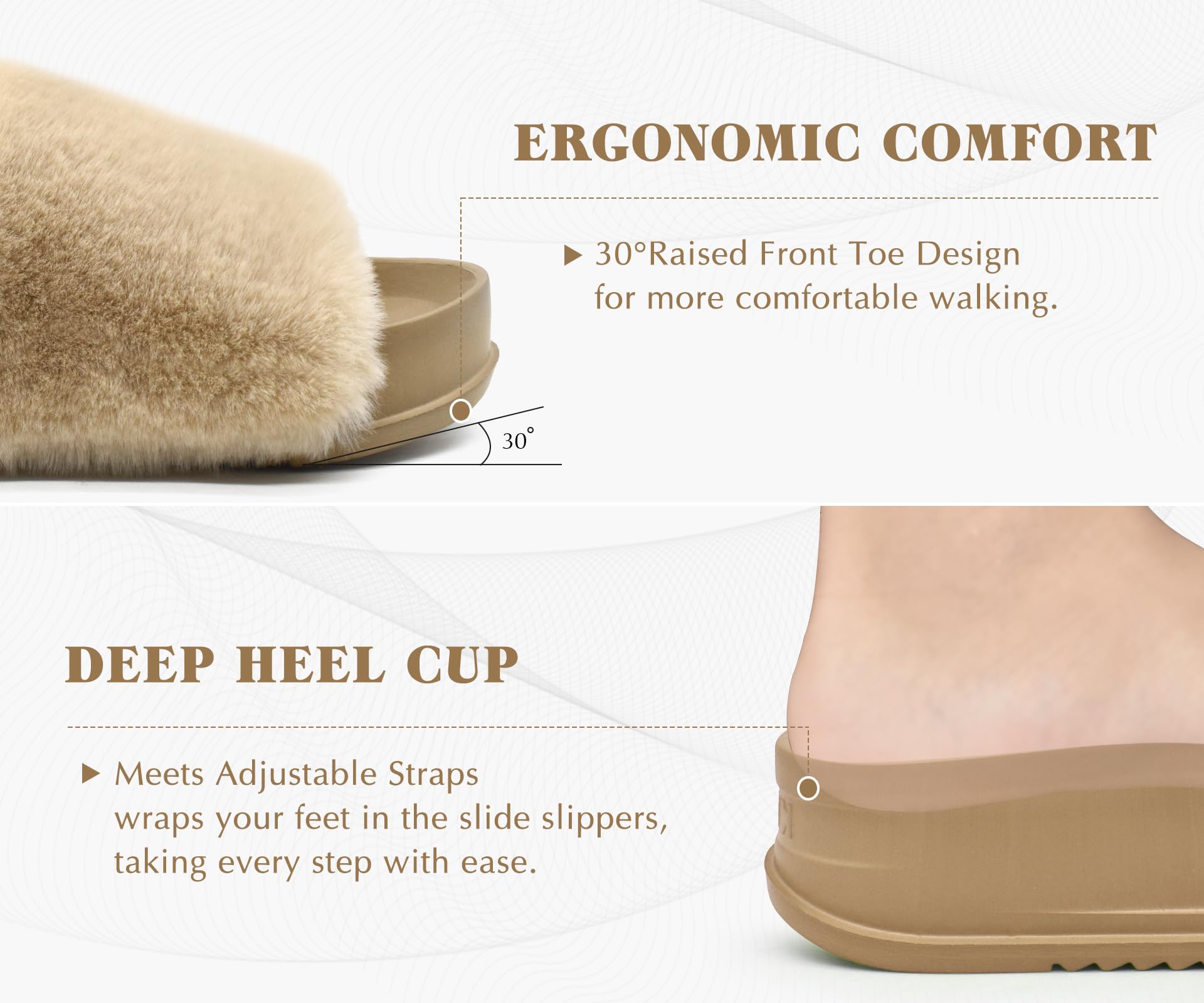 KuaiLu Womens Slides Soft Cushion Faux Fur Sandals for Women Open Toe House Slipper with Arch Support Ladies Slip On Fuzzy Platform Slipper Indoor Outdoor,Beige Size 8