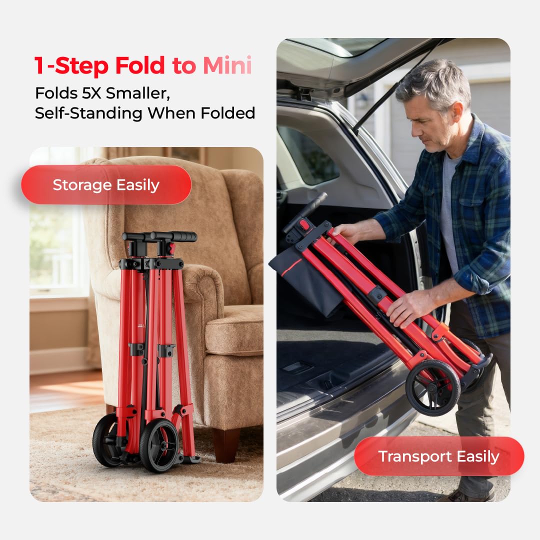 Folding Walkers for Seniors, Lightweight Narrow Travel Walker, Fully Assembled Standard Walker with 2 Wheels, Adjustable Height for Tall, Aluminum Frame Supports 400 lbs, Extra 2 Skis and Storage Bag
