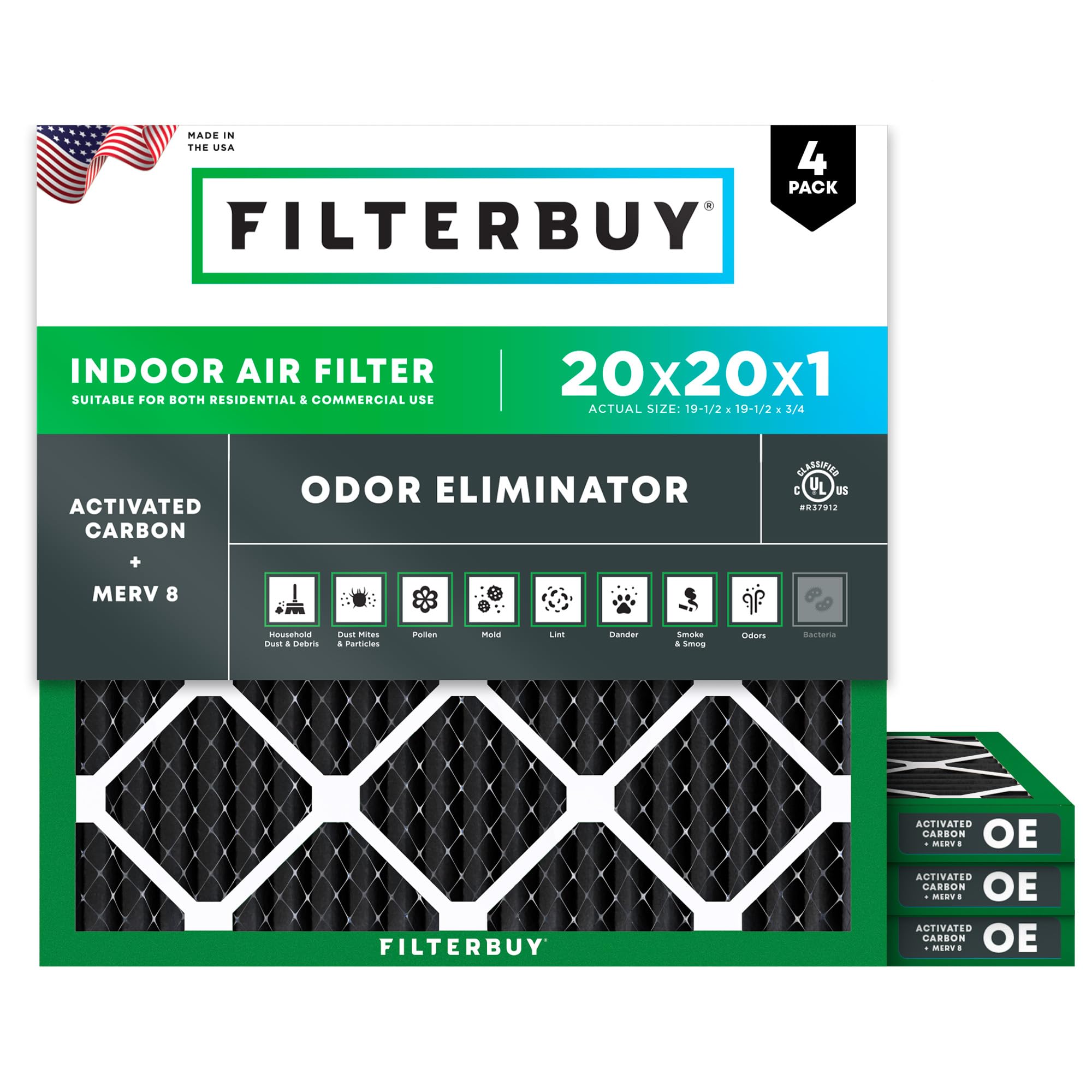 Filterbuy 20x20x1 Air Filter MERV 8 Odor Eliminator (4-Pack), Pleated HVAC AC Furnace Air Filters Replacement with Activated Carbon (Actual Size: 19.50 x 19.50 x 0.75 Inches)