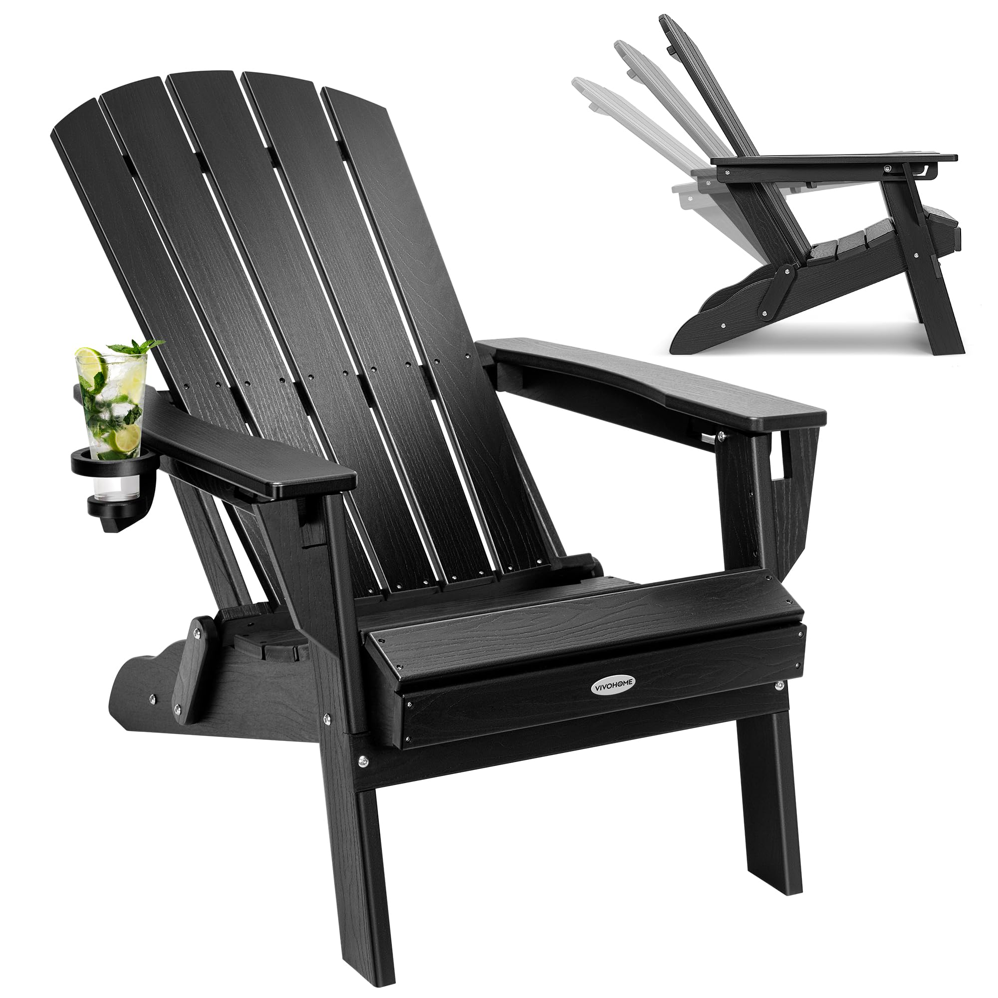 VIVOHOME HDPE Adirondack Chair, Foldable Fire Pit Chair with 3 Adjustable Angles, Cup Holder and Weather-Resistant Wood-Grain Look, Ideal for Patio, Garden, Deck