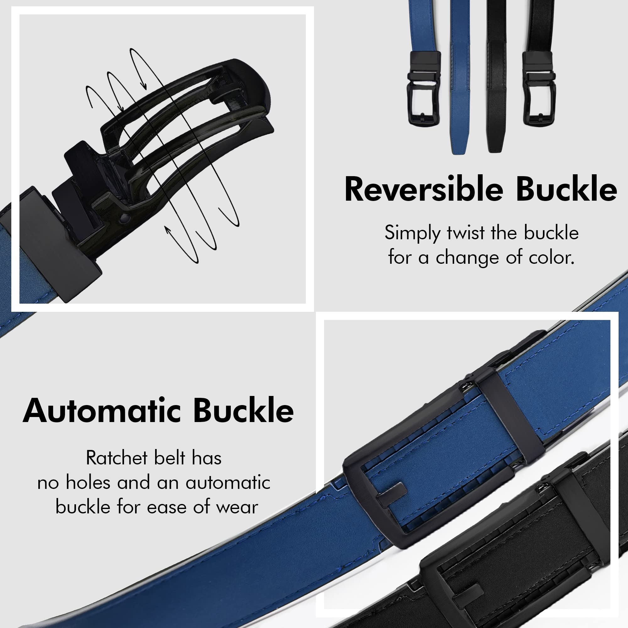 Mark Fred Leather Reversible Ratchet Belt (Black/Navy, One Size - Up to 51), Mens Belt
