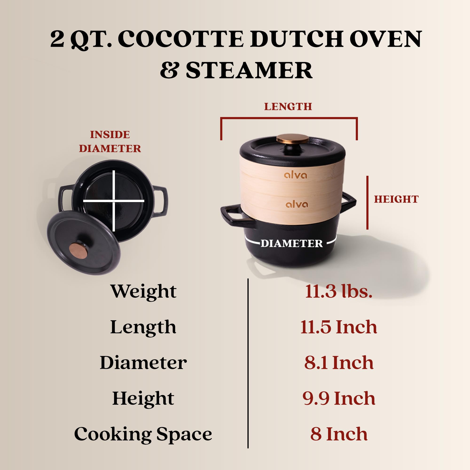 Alva Nori 2.6-Qt Enameled Cast Iron Dutch Oven Steamer Set – Made With No PTFE/PFOA/PFAS, Oven & Induction Safe – 3-Layer Enamel, No Seasoning Needed – Durable, Easy-Clean Cocotte with 2 Steamer Inserts