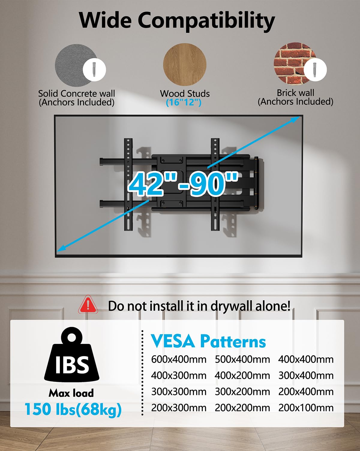 FORGING MOUNT Long Arm Corner TV Mount with Height Setting Full Motion TV Wall Mount with 36" Extends for Corner/Flat Installed Fits 42"-90" TVs,Holds 150lbs,VESA 600x400mm
