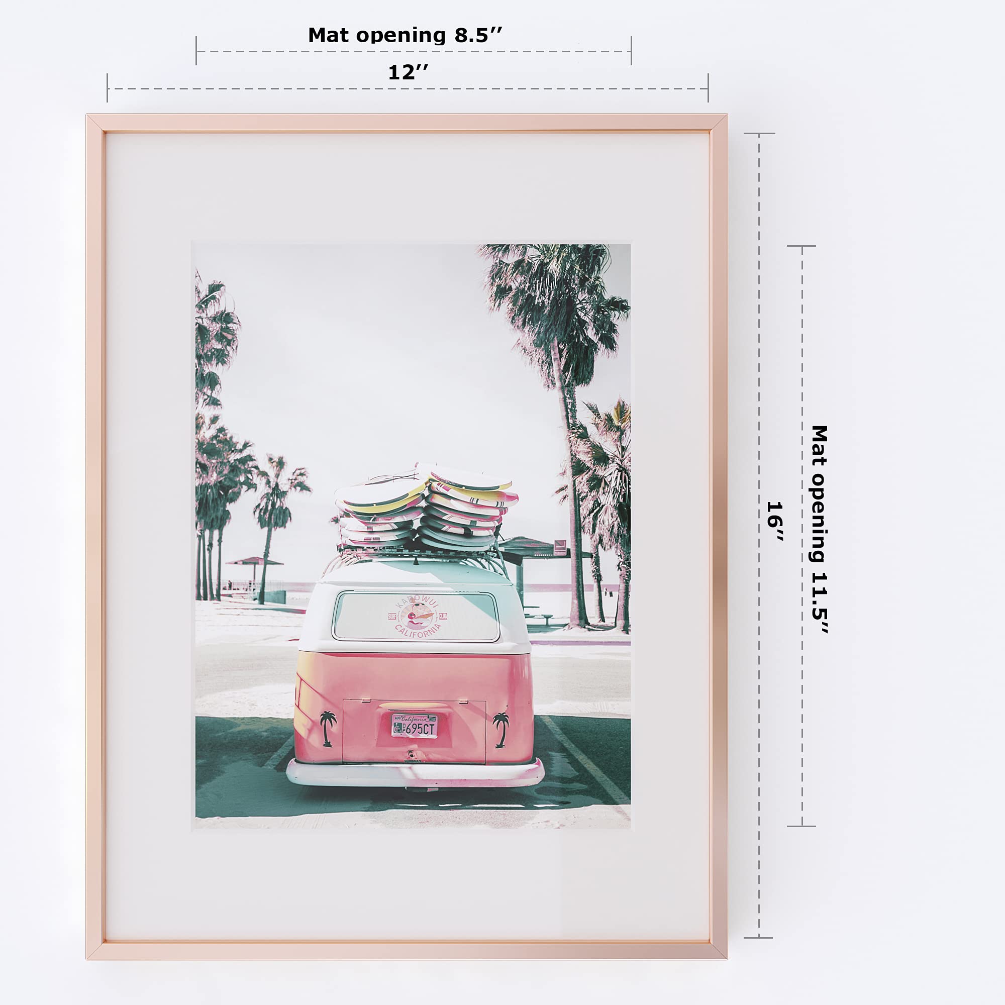 Homeforia - 12x16 inch Metal Picture Frame - 12 x 16 Aluminum Photo Frames - 12x9 Mat - Tempered Glass - Wall Hook Included - Set of 1 - Rose Gold