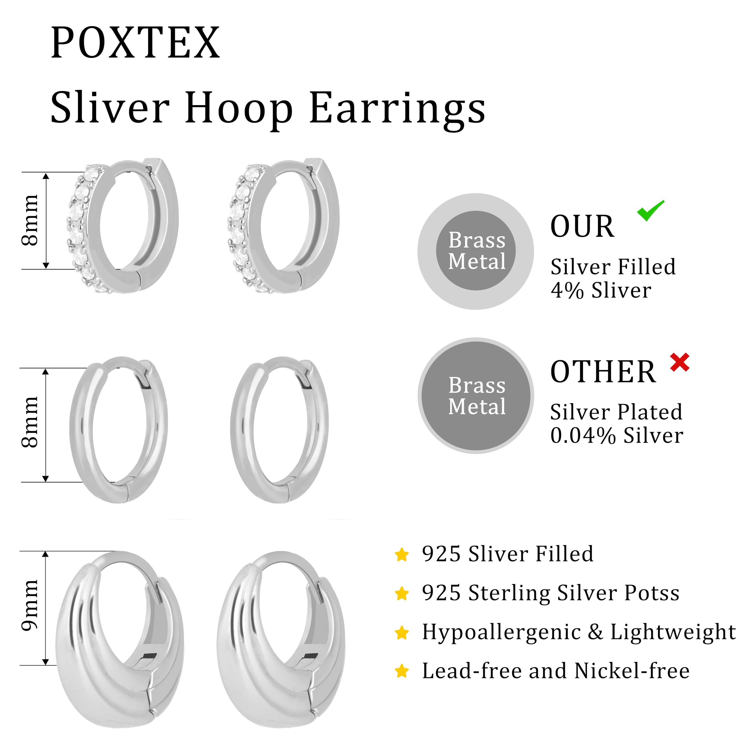 Poxtex Small Sterling Silver Hoop Huggie Earrings Set for Women, Small Chunky Cubic Zircon Earrings for Multiple Piercing Hypoallergenic Trendy Jewelry, Dainty Cartilage Earrings for Teen Girls Gifts 3 Pairs