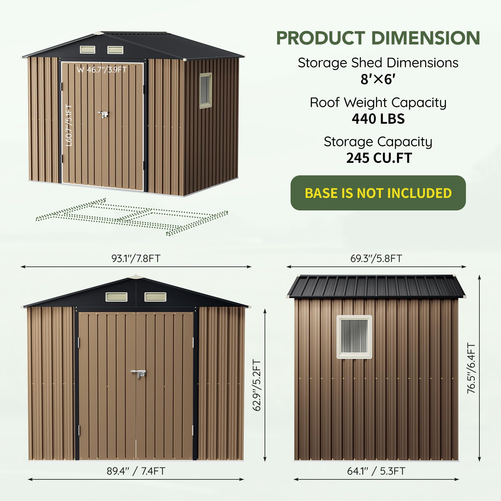 Grovellis 6x8FT Outdoor Metal Storage Shed, Double Door, 1 Clear Window, Tool Shed for Garden, Patio, Backyard Brown