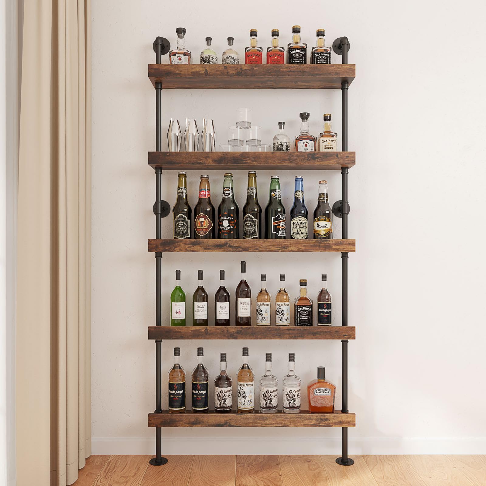 Woskar 5-Tier Wall Mounted Wine Rack, Industrial Pipe Bar Shelf for Wine Bottle Storage, Industrial Pipe Shelves Shelf Shelving for Home Bar Dining Room Kitchen (31.5" W x 79" H x 8.6" D)