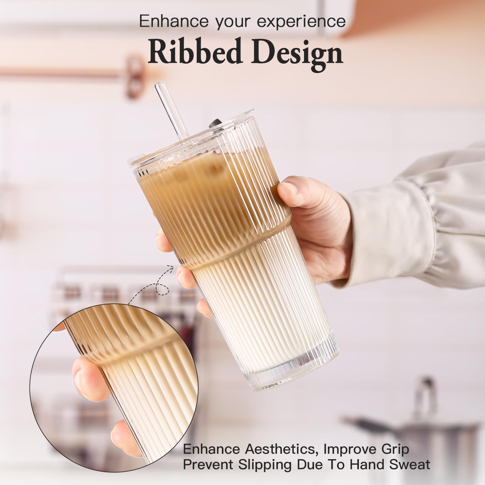 SIPBYSOP 4PCS Ribbed Glass Cups with Lids and Straws, 20oz Vintage Drinking Glasses, Aesthetic Iced Coffee Cups, Glass Tumbler for Boba, Beer, Tea, Cocktails, Ribbed Glassware Set,Clear