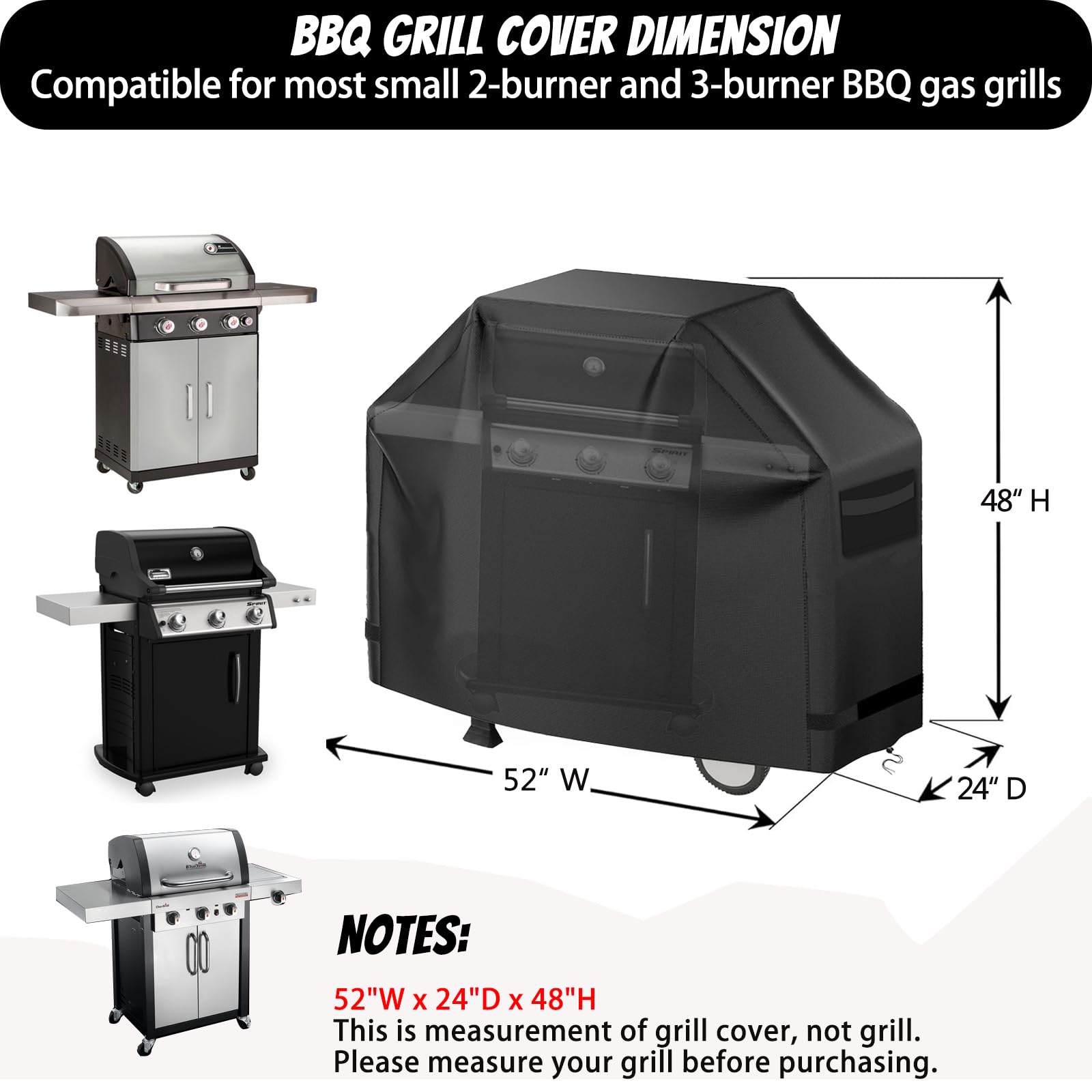 Grill Cover 600D Heavy Duty BBQ Grill Cover for Outdoor Grill, Waterproof, Anti-UV, Rip-Proof, Fade Resistant Material, Barbecue Cover with Hook-and-Loop Straps, (52" L x 24" W x 48" H, Black)
