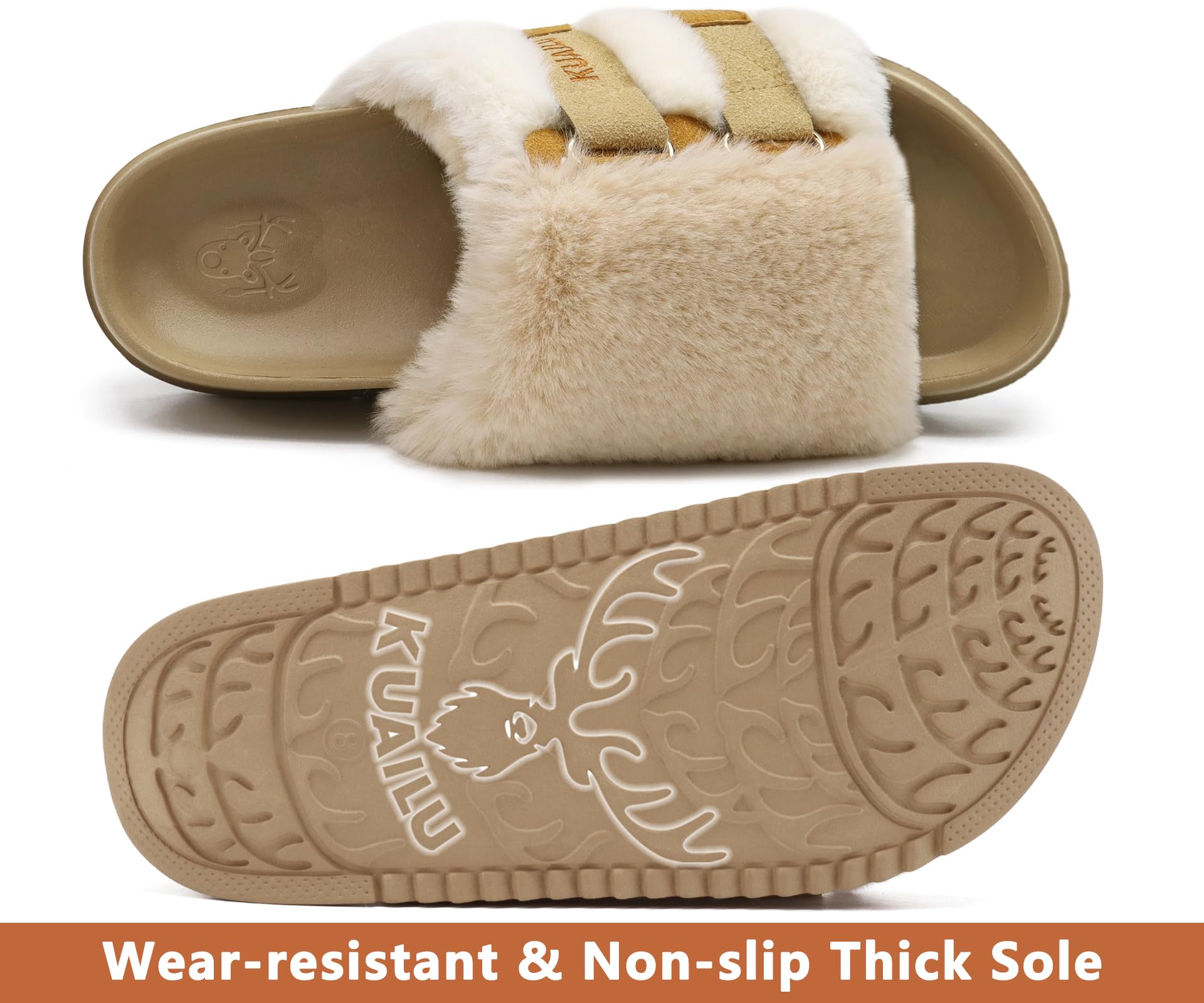 KuaiLu Womens Slides Soft Cushion Faux Fur Sandals for Women Open Toe House Slipper with Arch Support Ladies Slip On Fuzzy Platform Slipper Indoor Outdoor,Beige Size 8