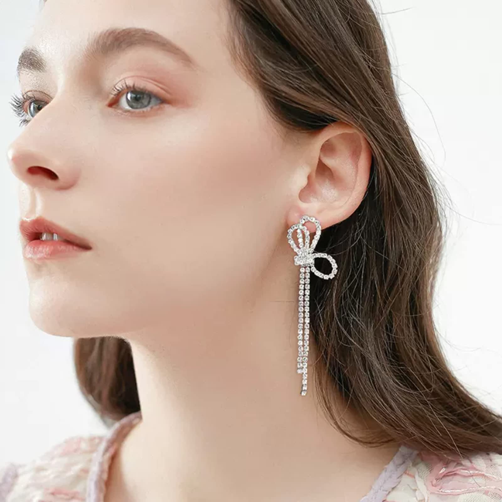 Luxval Rhinestone Earrings Dangling Bow Earrings for Women Sparkly Silver Dangle Earrings Girls Bow Drop Earrings Tassel Lightweight Ear Studs Cubic Zirconia Crystal Statement