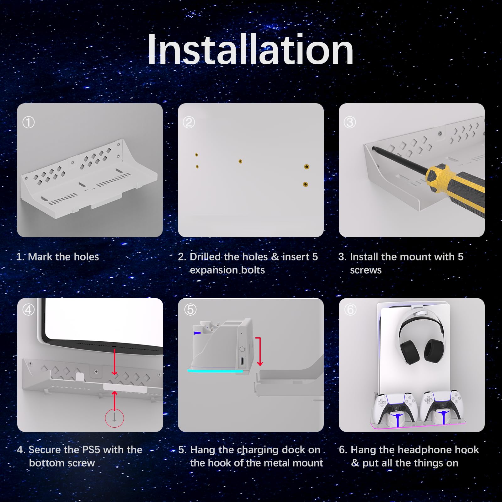 Hosanwell PS5 Wall Mount Kit with Charging Station, Compatible with PS5 and PS5 Slim Disc & Digital Version, Dual Use Charging Station with Multi-Mode RGB Light, White