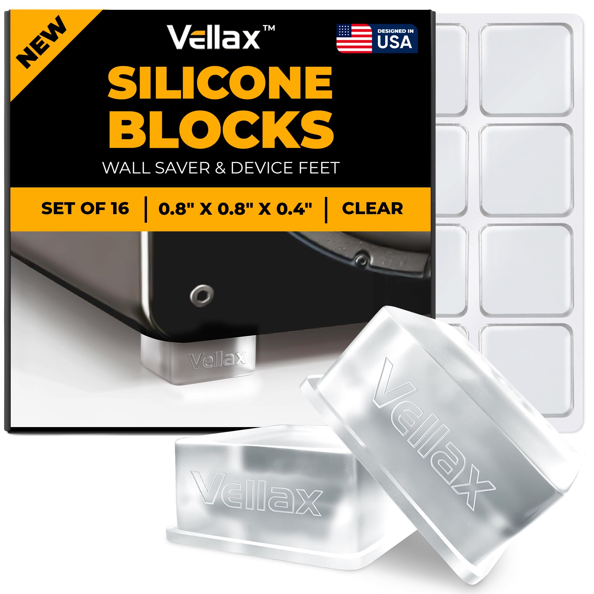 Small Door Knob Wall Protectors – 16 Clear Self-Adhesive Silicone Bumpers for Doors, Furniture & Walls – Anti-Vibration Feet for Electronics & Appliances in Square Block Shape by VELLAX