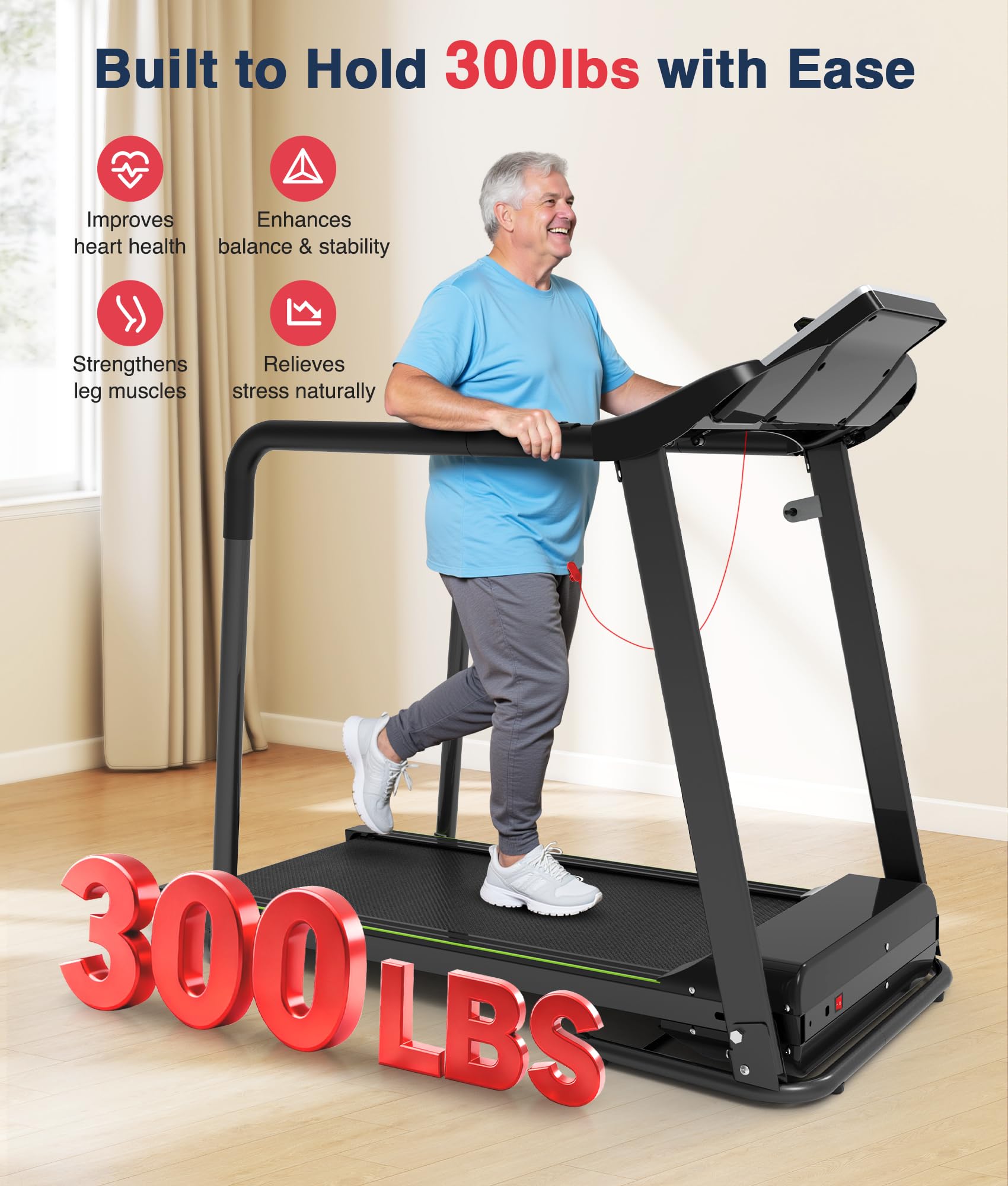 Redliro Walking Treadmill with Long Handrail for Balance, Recovery Fitness Exercise Machine Foldable for Home use with Holder for Phone & Cup,LCD Display, 300 lbs Capacity