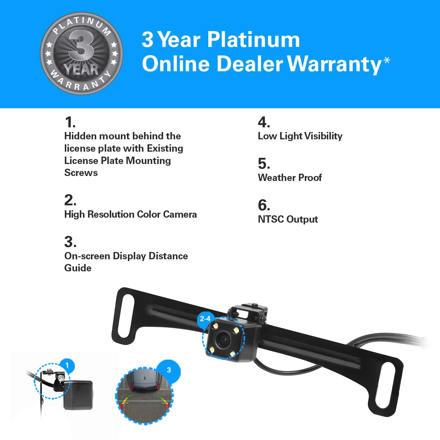 BOSS Audio Systems LPCB40 Reverse Rearview License Plate Backup Car Camera - 170° Wide Angle Rear View, Weatherproof Back Up Cam