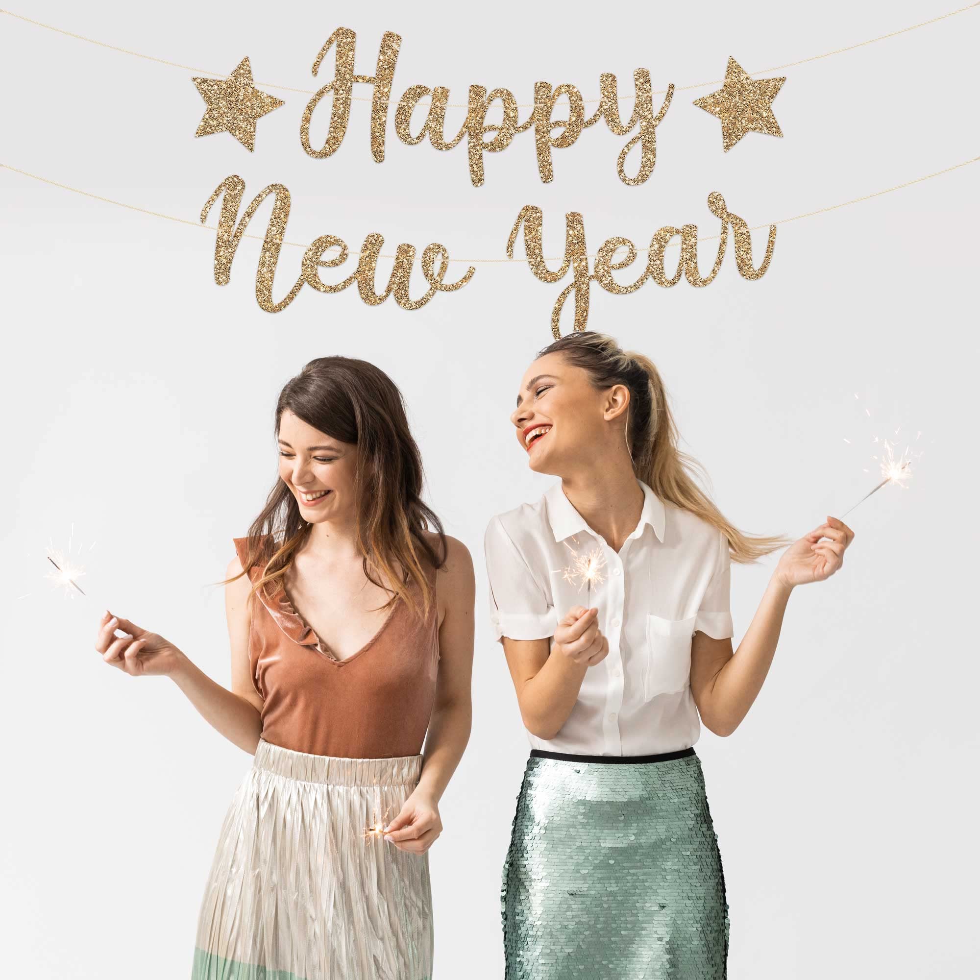 PreStrung Happy New Year Banner NO DIY Gold Glitter New Years Eve Party Banner in Script PreStrung Garland on 6 ft Strands Gold 2023 New Years Eve Party Supplies & Decorations & Decor. Did