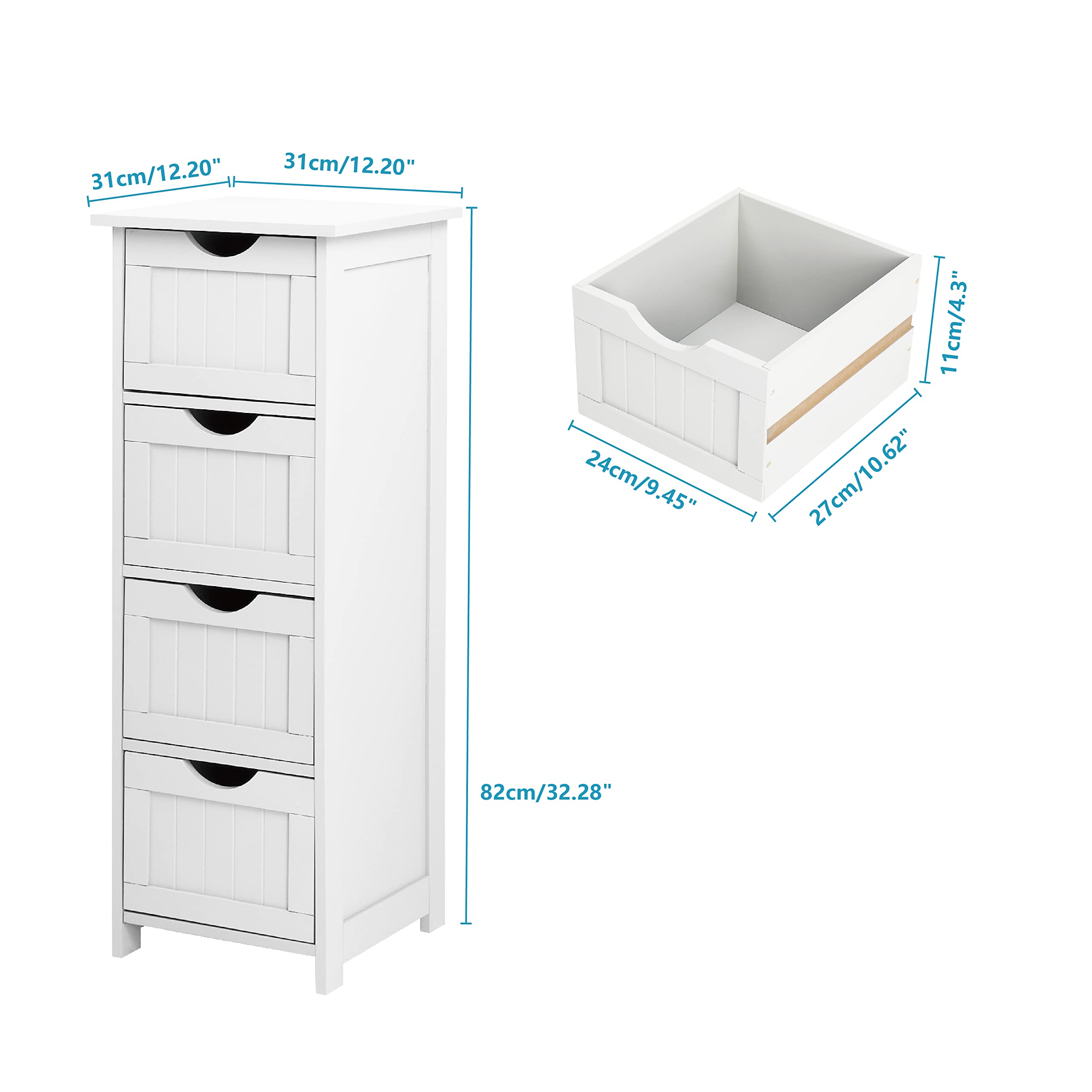 VINGLI White Bathroom Storage Cabinet with 4 Drawers Wooden Freestanding Slim Bathroom Floor Cabinet Small Side Organizer Storage Unit for Restroom Livng Room Kitchen Office Hallway Entryway