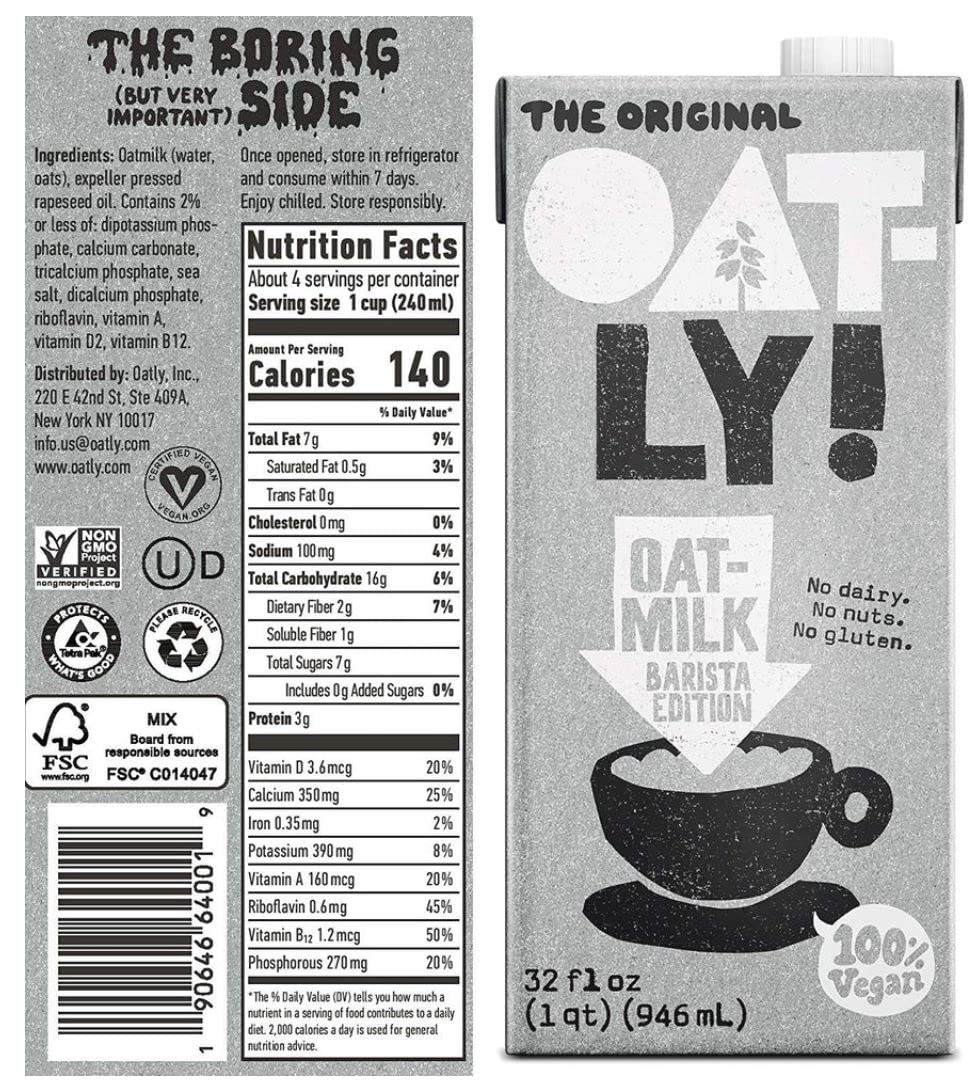 Oatly Original Barista, 4 Pack, 32 fl oz, Coffee Rx Barista Edition Packaged, Packaging Will Vary