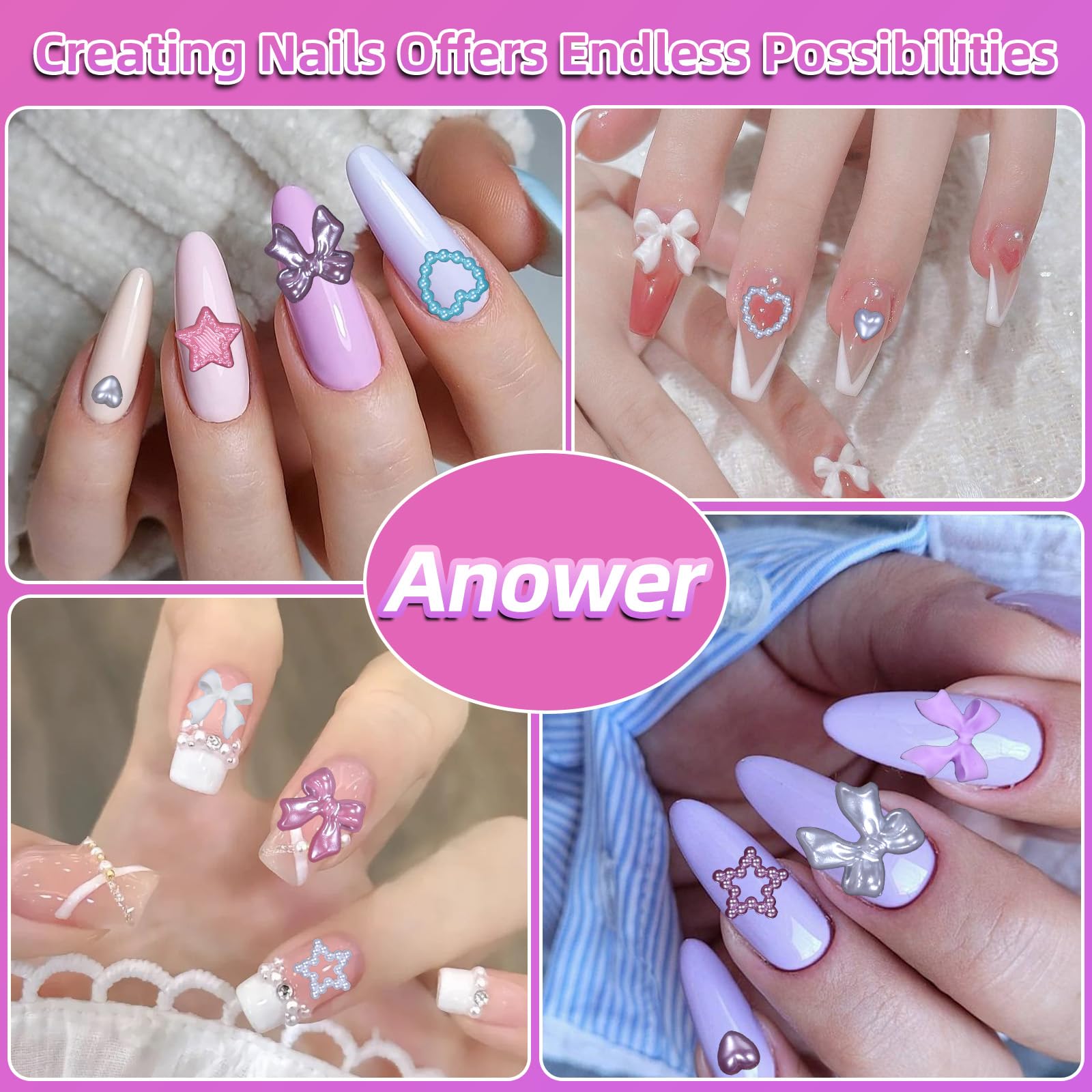 Bows Nail Charms and Flatback Nail Charms, Multi Colors Bows Nail Art Charms+Heart Star Nail Charms, Colorful Acrylic Nail Charms Pearls Nail Jewelry Charms for Nails Art DIY Crafts Accessories