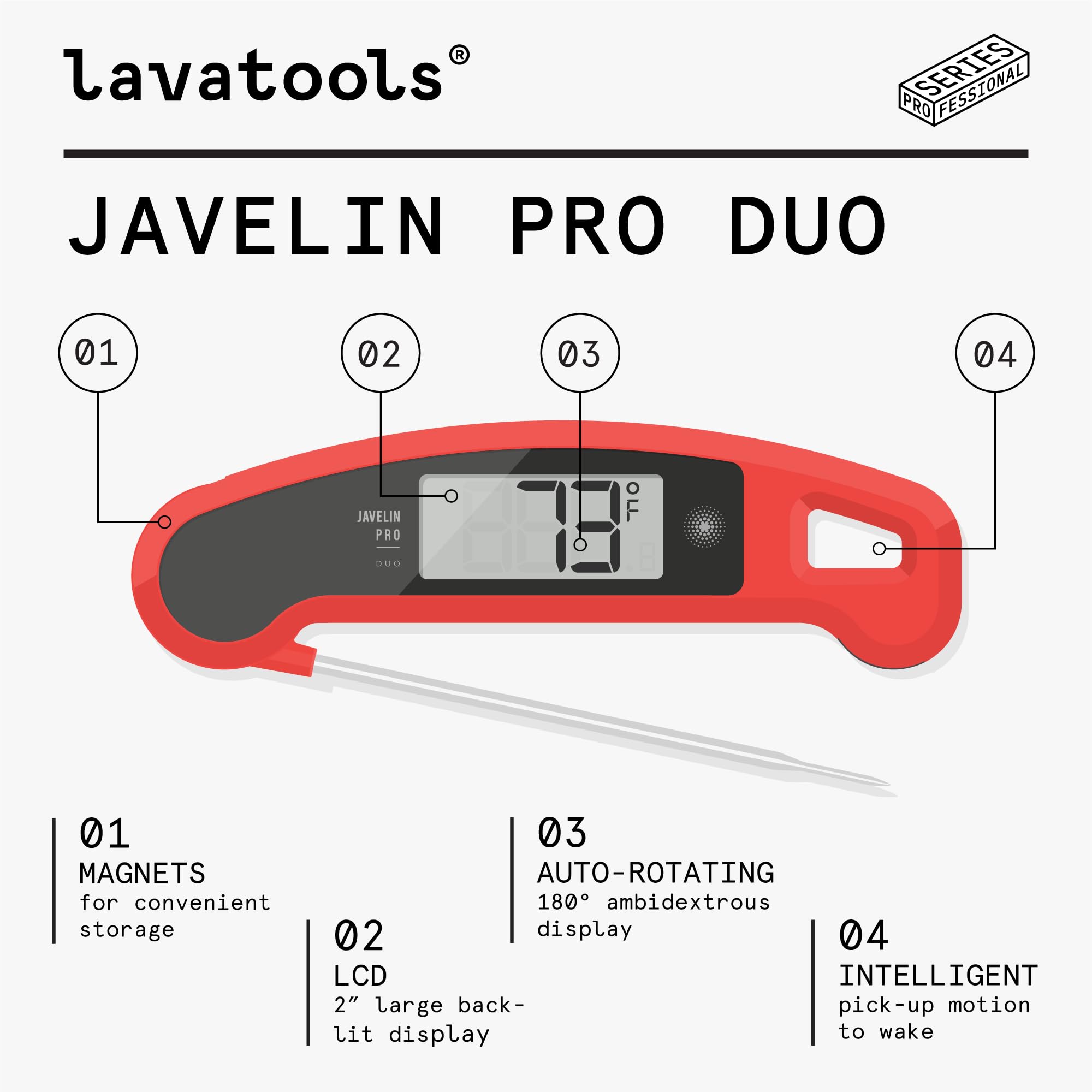 Lavatools Javelinยฎ PRO Duo Ultra-Fast 1-Second Professional Digital Instant Read Meat Thermometer for Grill and Cooking, Auto-Rotating Backlit Display, IP65 Water Resistant, NSF Certified โ Sambal