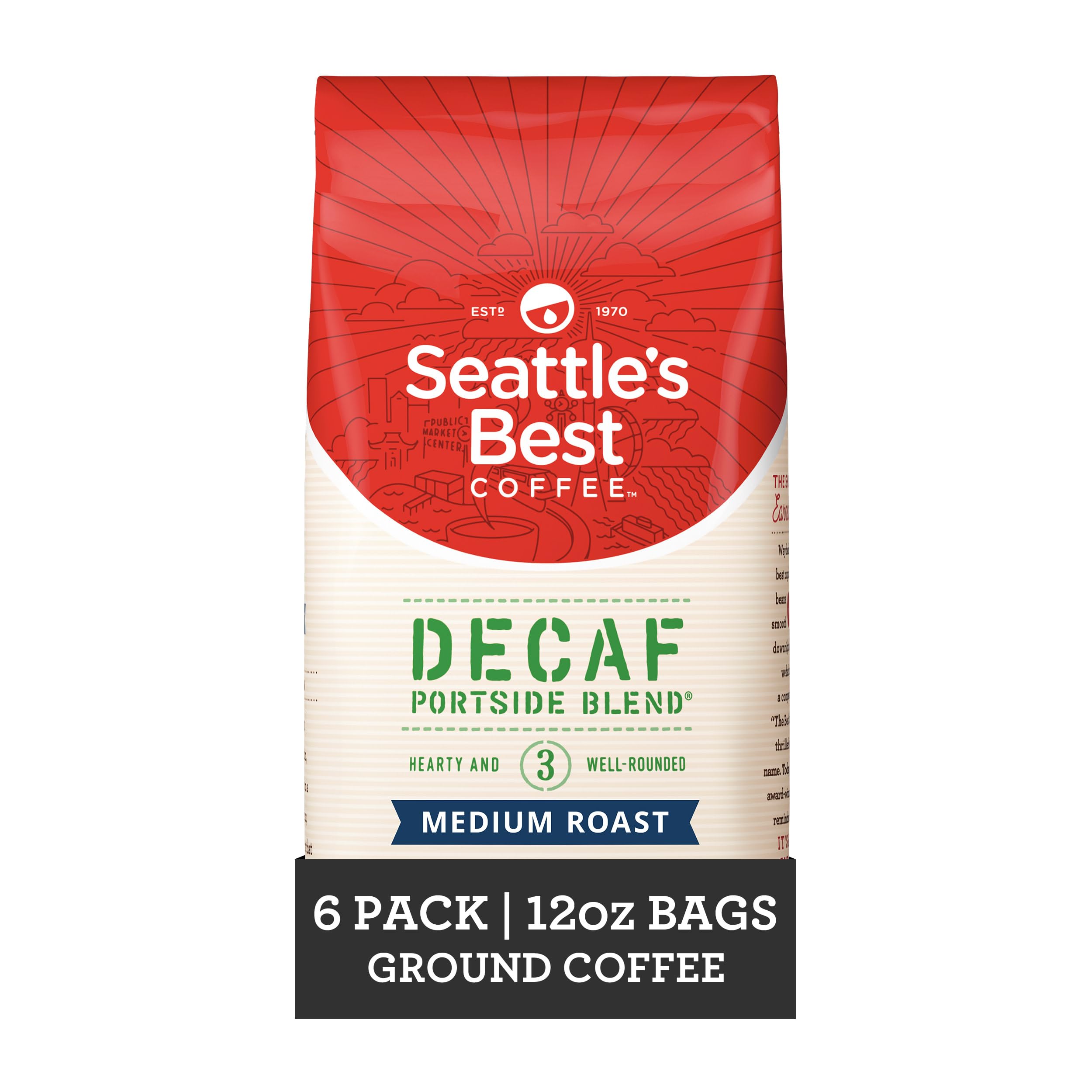Seattle's Best Coffee Decaf Portside Blend Medium Roast Ground Coffee | 12 Ounce Bags (Pack of 6)
